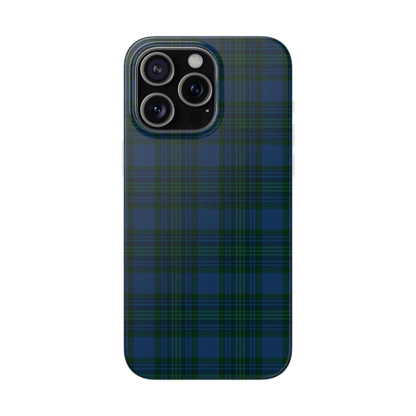 Navy green tartan phone case with flexible plaid design, slim shock-absorbing TPU, semi-transparent matte finish