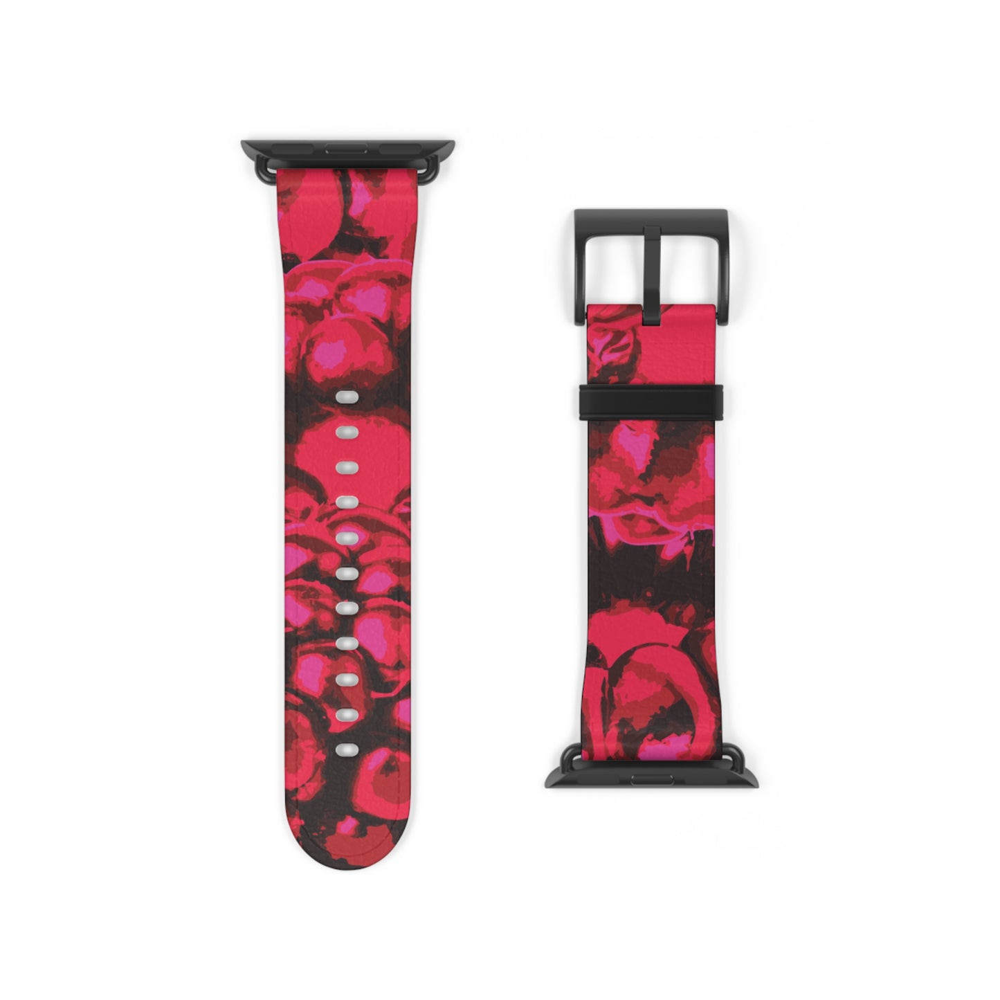 Apple Watch band in pink blackberries pattern, stylish faux-leather accessory, perfect gift for her, stainless steel buckle