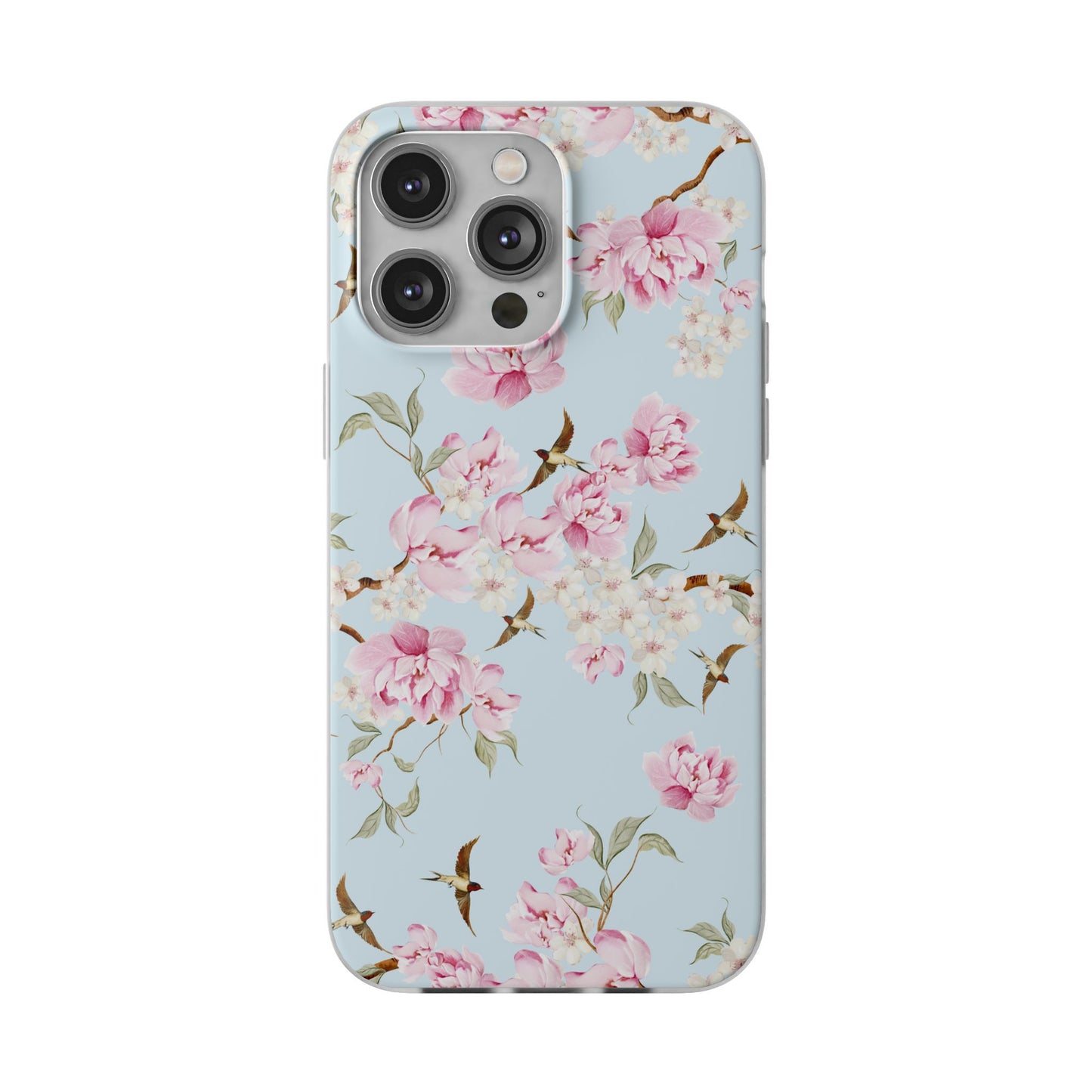 Floral Cherry Blossom Flexi Phone Case - Pink Blossoms on Sky Blue Flexible Case for Apple iPhone, Samsung Galaxy.