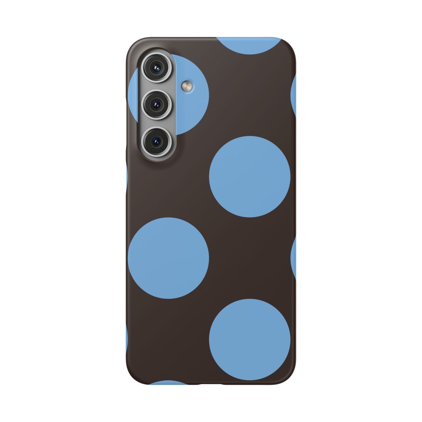 Matte Black with Large Sky Blue Polka Dots Slim Phone Case for Apple iPhone, Samsung Galaxy and Google Pixel.