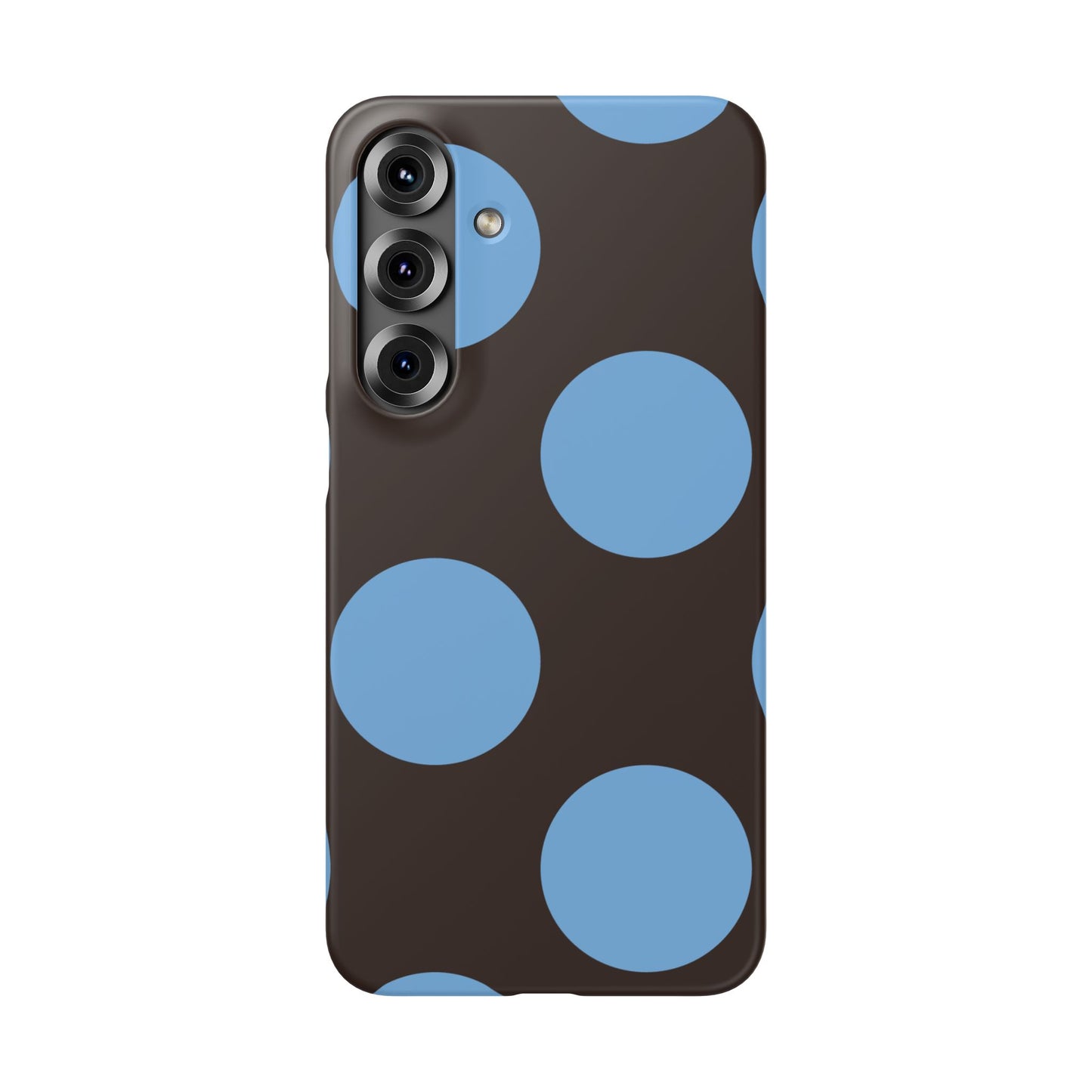 Matte Black with Large Sky Blue Polka Dots Slim Phone Case for Apple iPhone, Samsung Galaxy and Google Pixel.