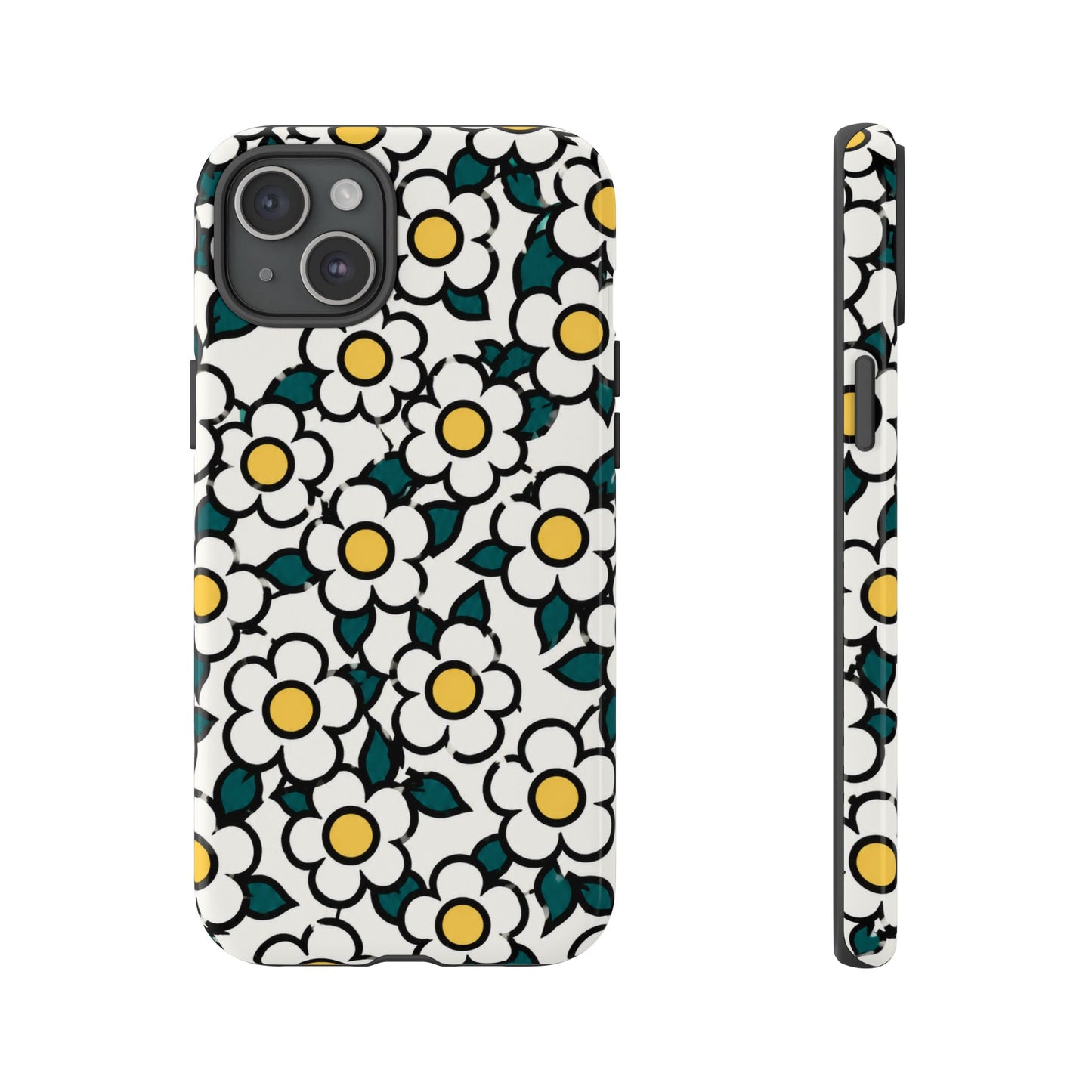Floral Daisy Tough Phone Case — Retro White & Yellow Protective Cover