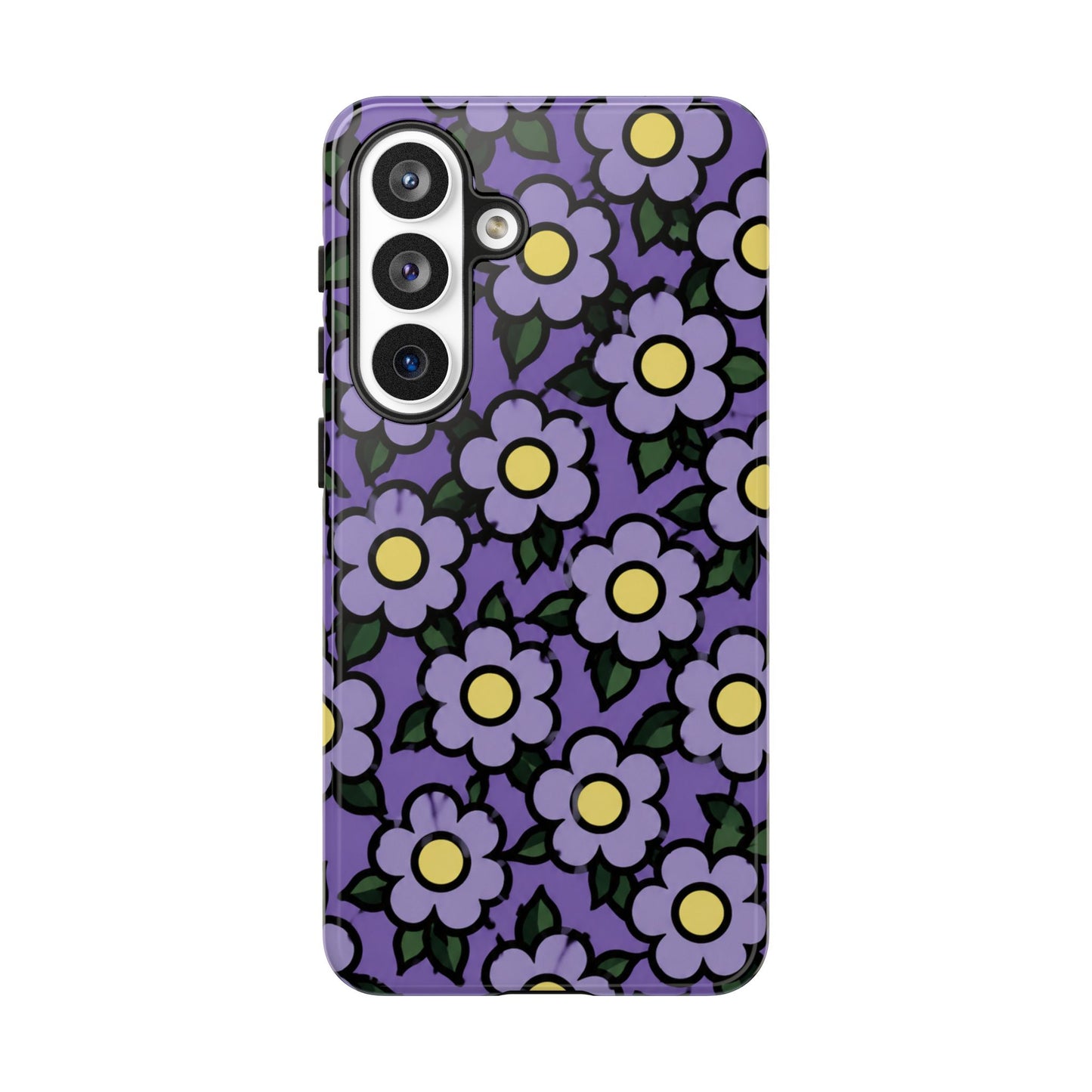 Purple Floral Tough Phone Case — Durable Protective Phone Cover with Cute Daisy Pattern