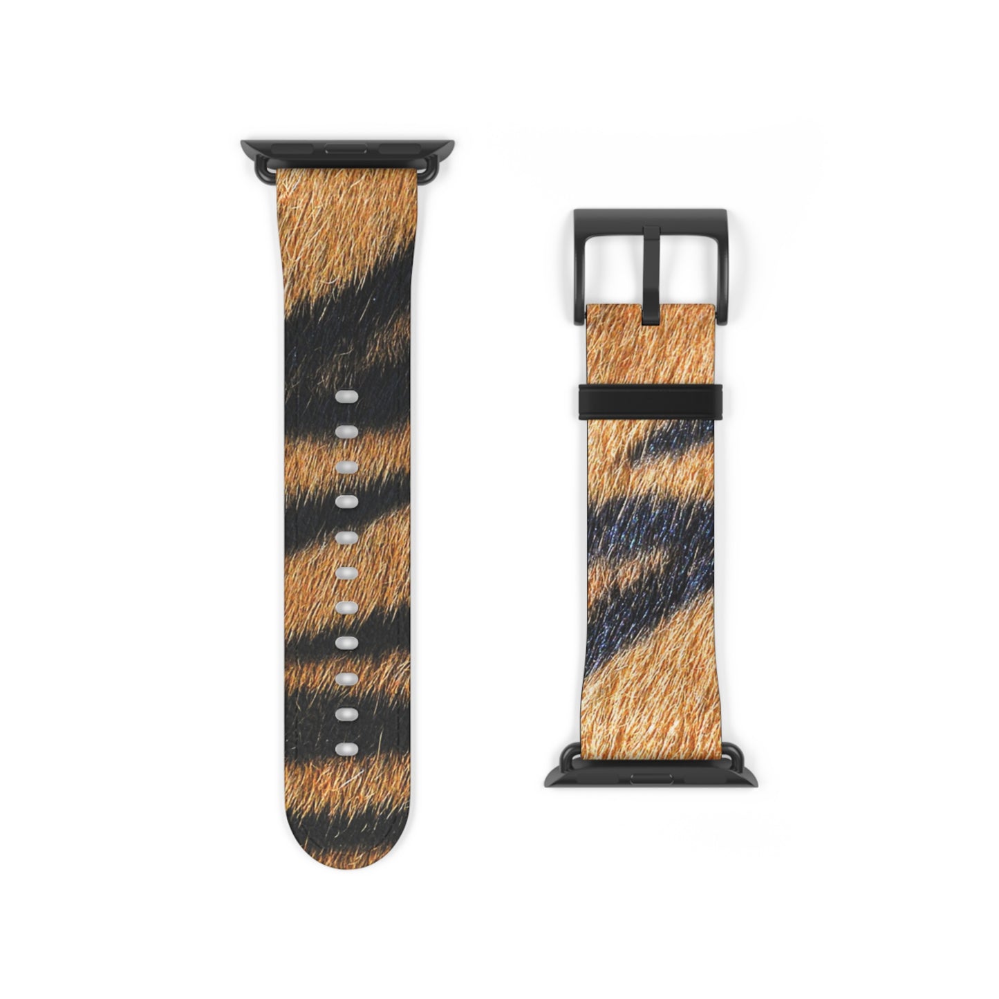 Tiger fur Apple Watch band with faux-leather strap, matte buckle, big cat pattern, stylish gift for him or her
