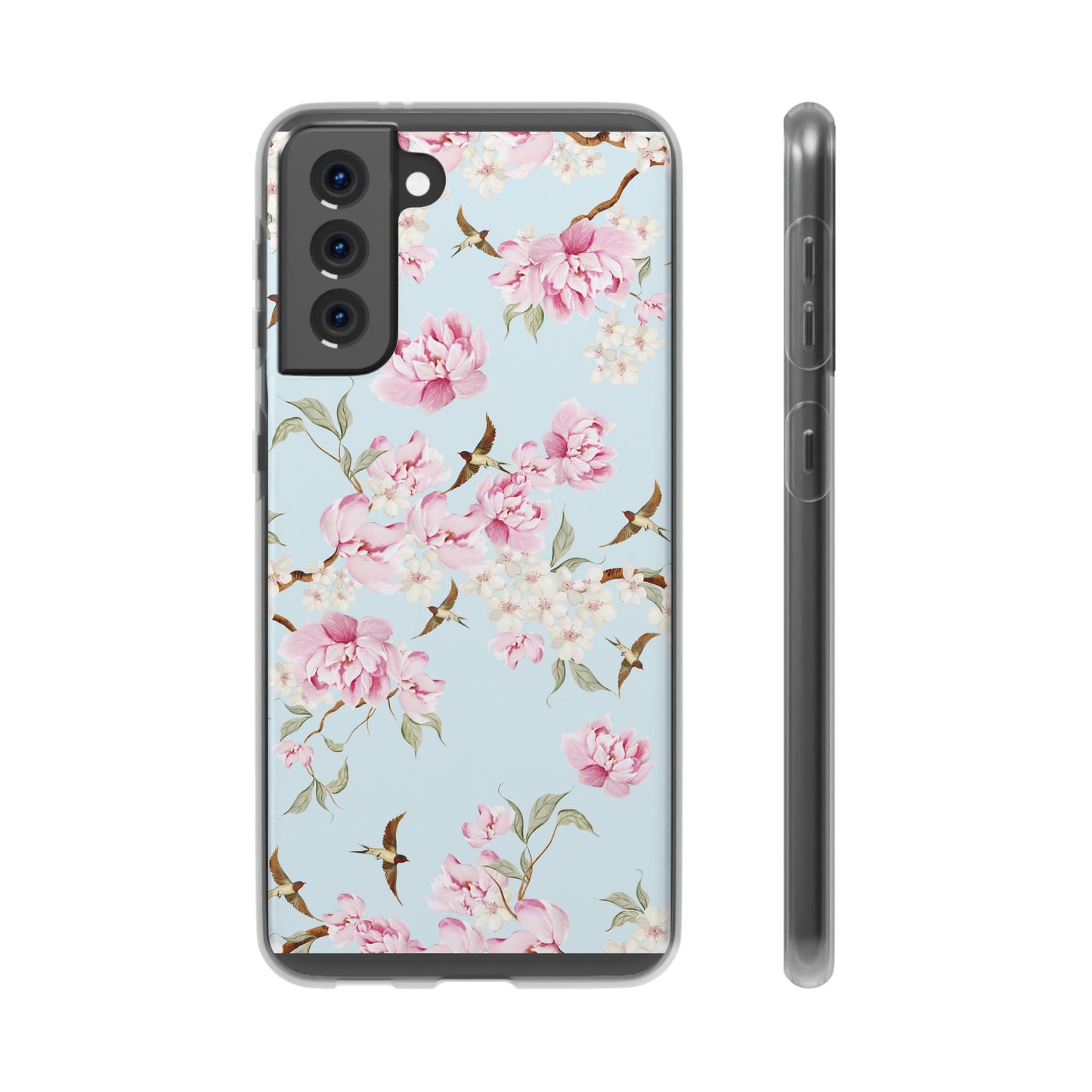 Floral Cherry Blossom Flexi Phone Case - Pink Blossoms on Sky Blue Flexible Case for Apple iPhone, Samsung Galaxy.