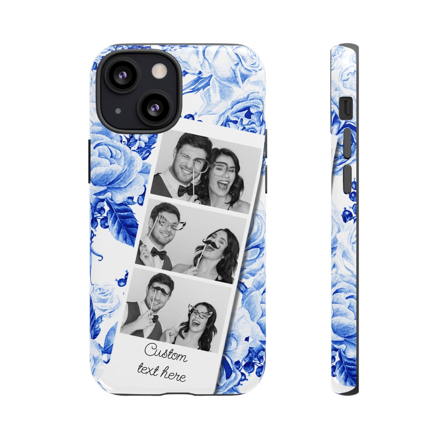 Three Photo Personalised Blue Floral Image Strip Custom Phone Case