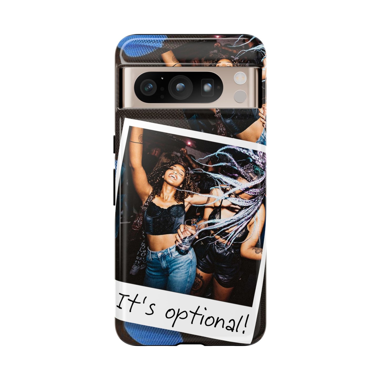 Two Image Personalised Polaroid Photo on Blue Polka Dot Protective Tough Case for Apple iPhone, Samsung Galaxy and Google Pixel.