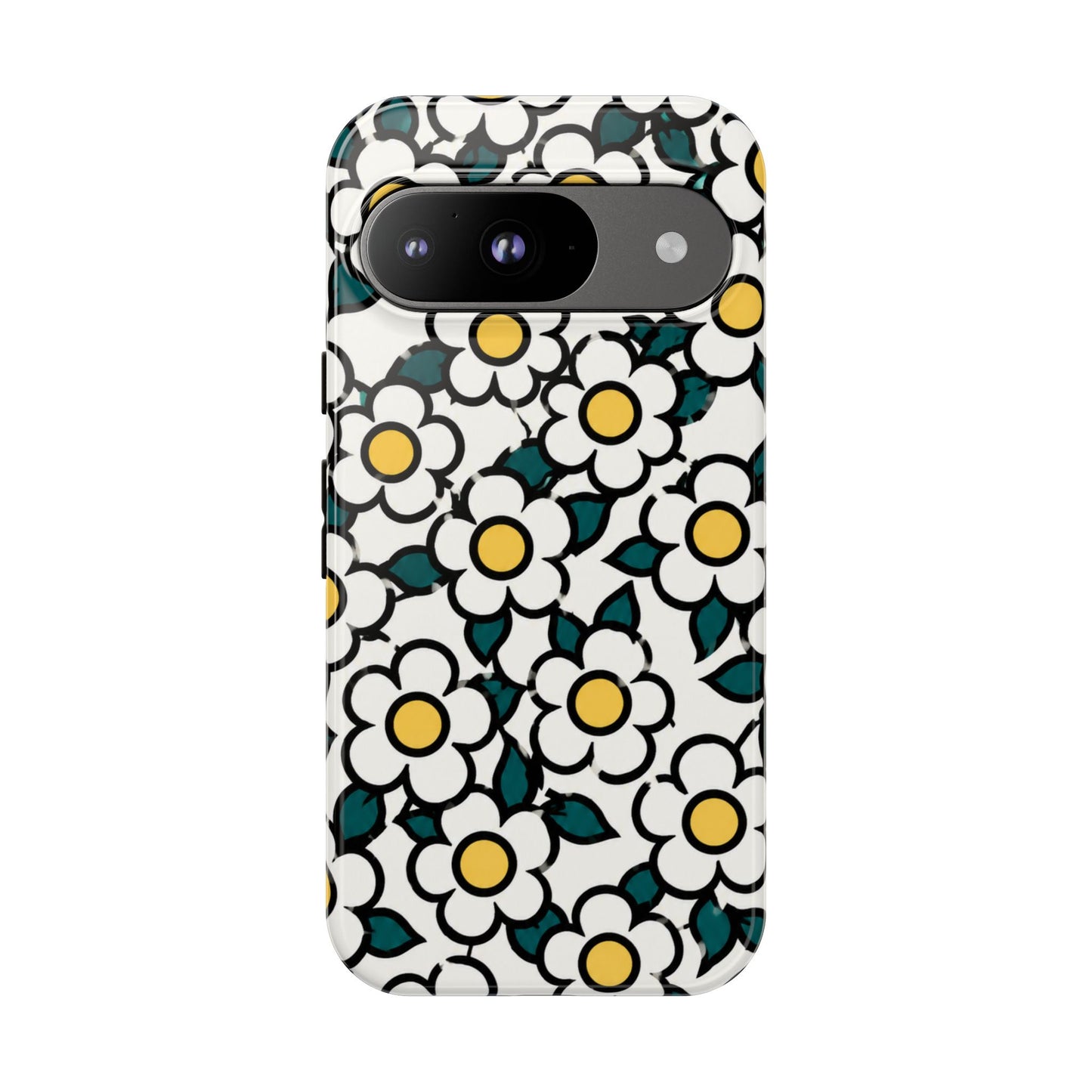 Floral Daisy Tough Phone Case — Retro White & Yellow Protective Cover