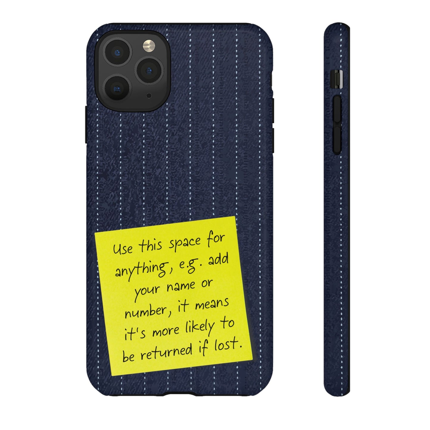 Navy Pinstripe Design with Yellow Sticky Note Personalised Tough Phone Case for Apple iPhone, Samsung Galaxy and Google Pixel.