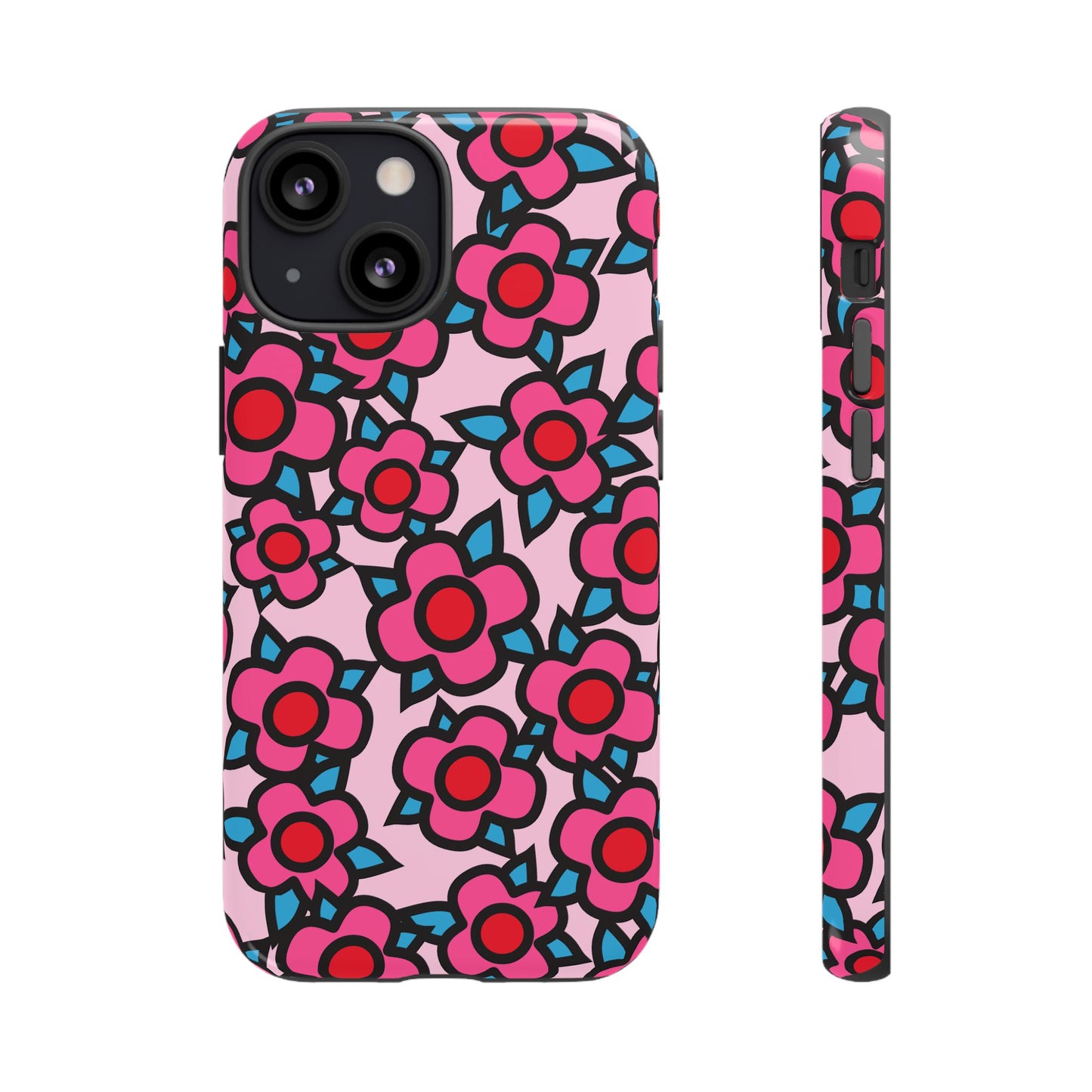 Floral Pink Tough Phone Case — Retro Red & Teal Flower Pattern