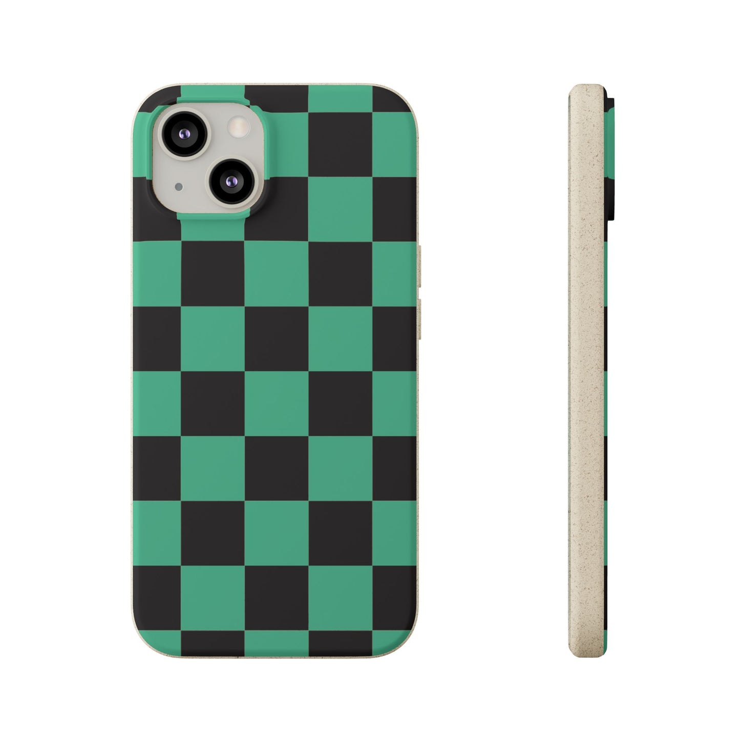 Biodegradable Checkerboard Phone Case — Green & Black Tanjiro Eco Smartphone Cover for Apple iPhone and Samsung Galaxy.