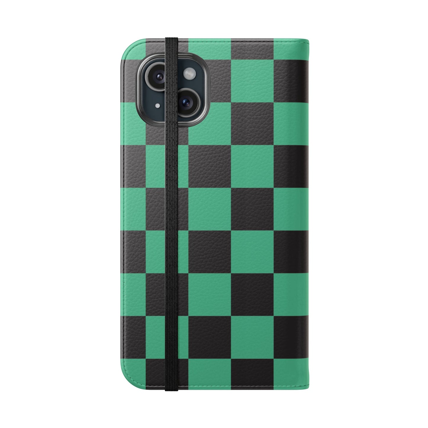 Tanjiro Chequered Flip Phone Case — Black and Green Chequered Wallet Cover