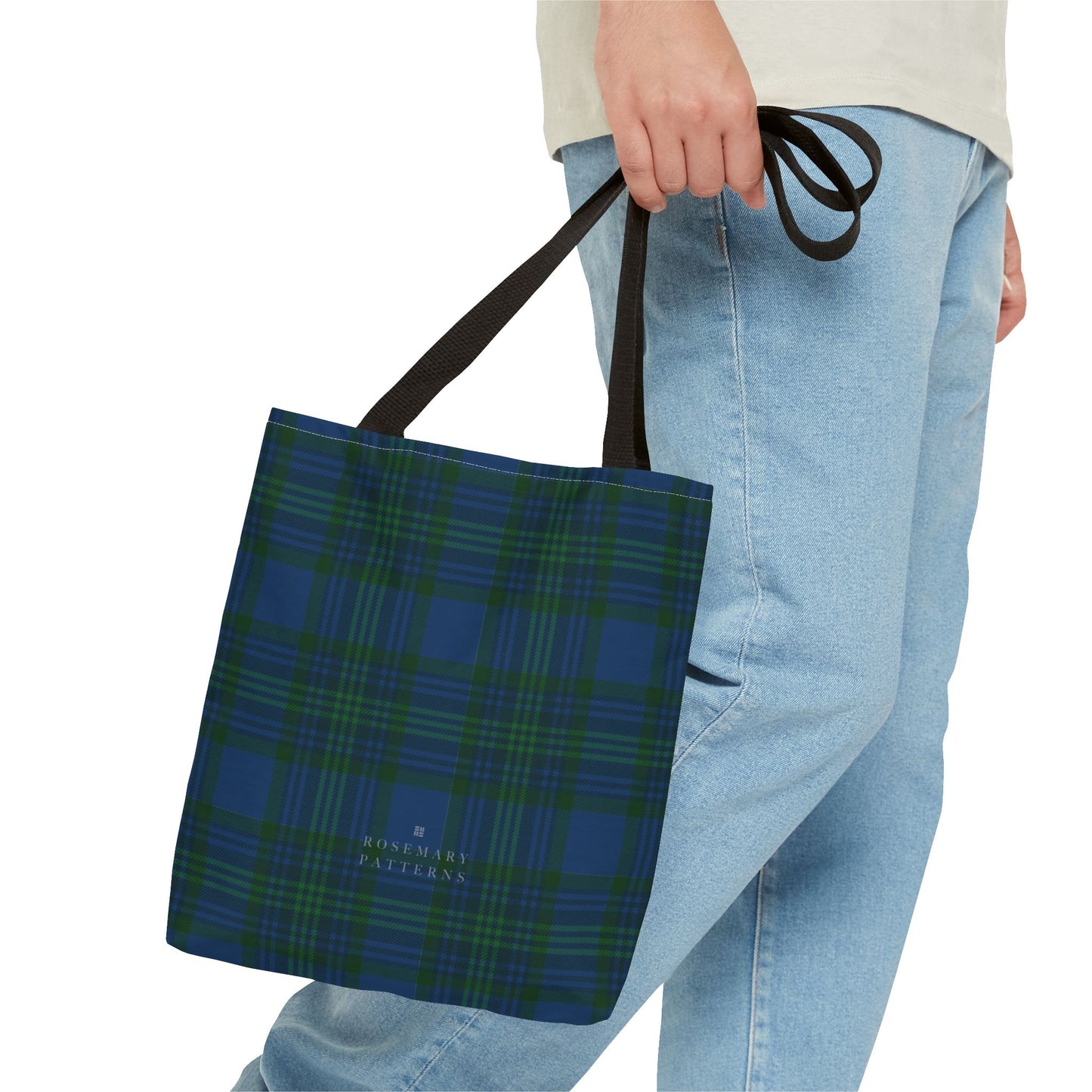 Tartan plaid tote bag in blue and green, eco friendly reusable market tote with Scottish pattern, cotton handles