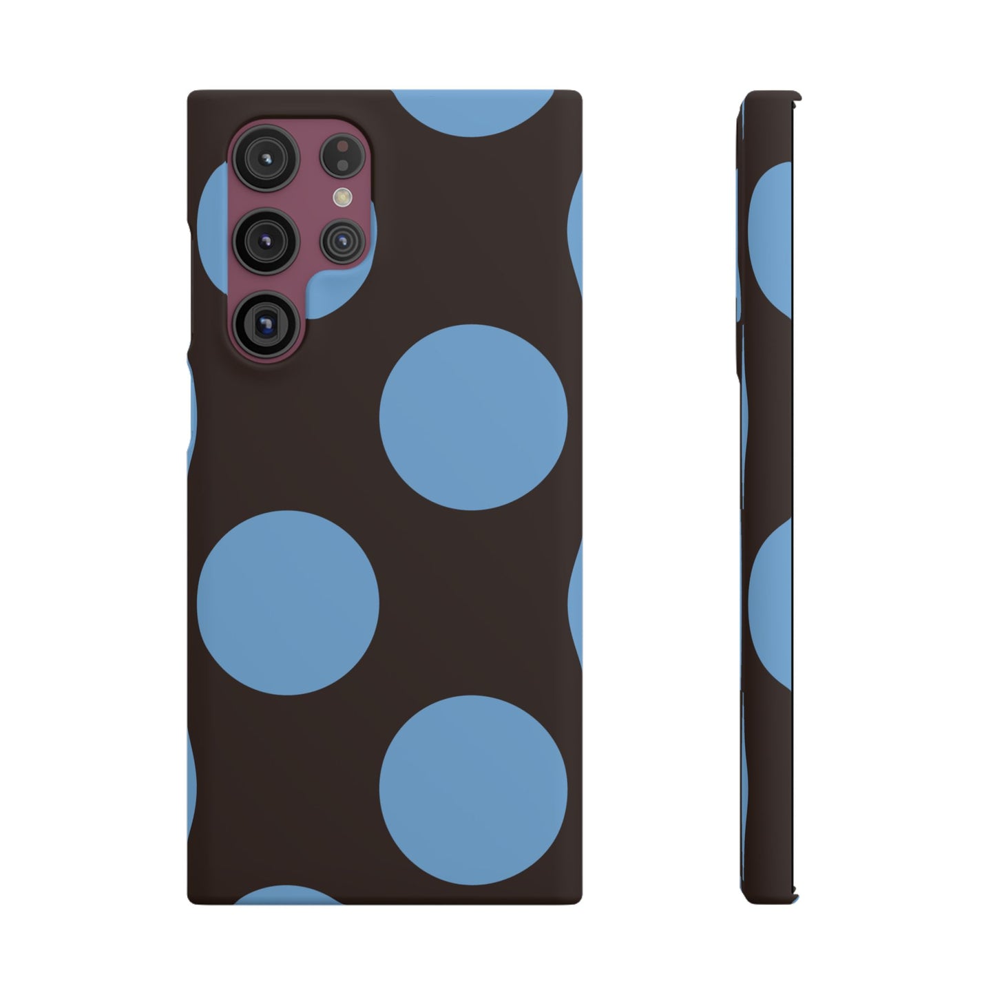 Matte Black with Large Sky Blue Polka Dots Slim Phone Case for Apple iPhone, Samsung Galaxy and Google Pixel.