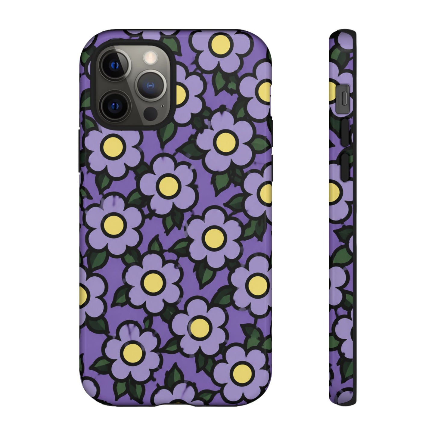 Purple Floral Tough Phone Case — Durable Protective Phone Cover with Cute Daisy Pattern