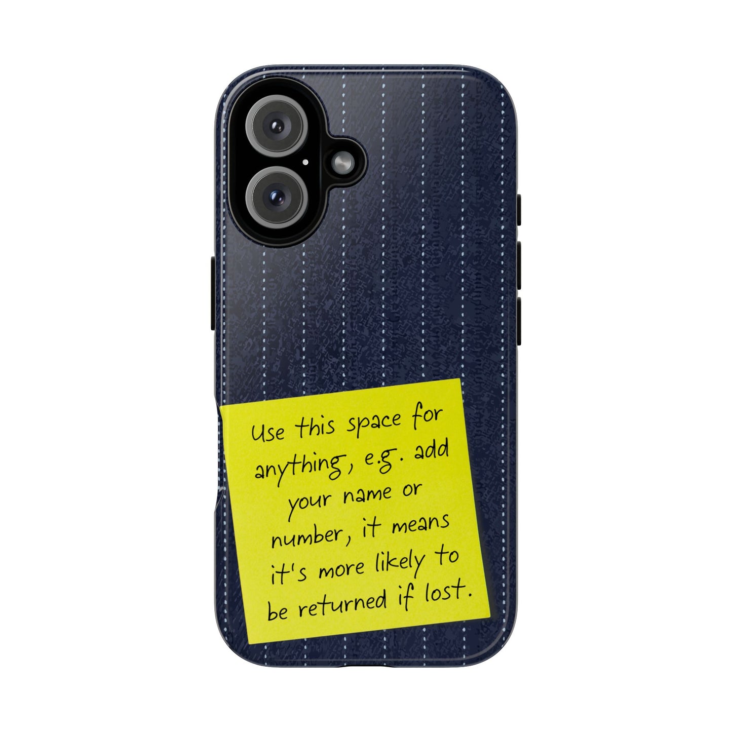 Navy Pinstripe Design with Yellow Sticky Note Personalised Tough Phone Case for Apple iPhone, Samsung Galaxy and Google Pixel.