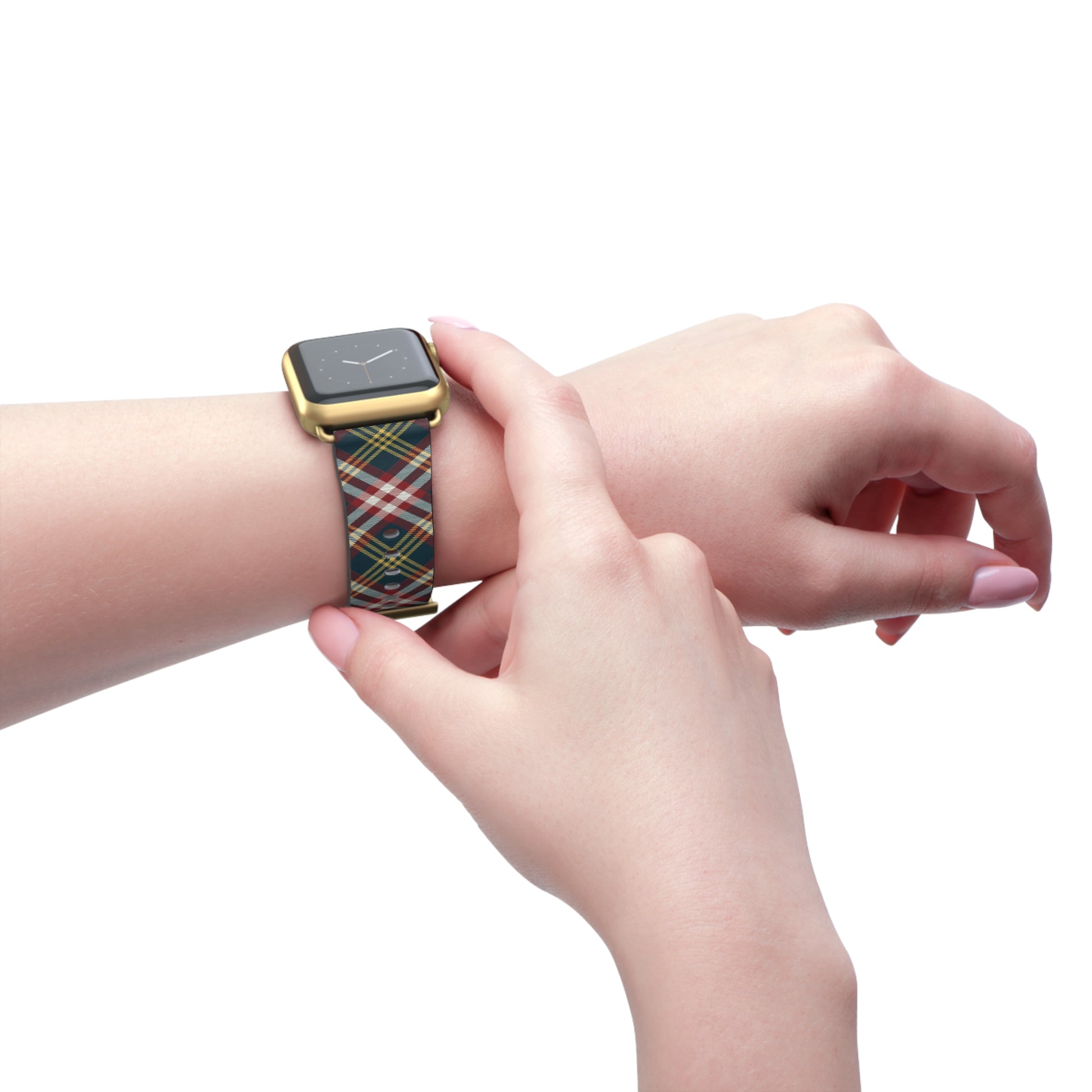 Plaid watch band in classic red and green tartan, cozy accessory for Apple Watch, stainless steel buckle, autumn style