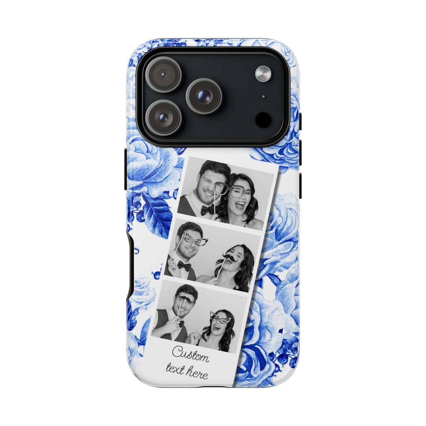 Three Photo Personalised Blue Floral Image Strip Custom Phone Case