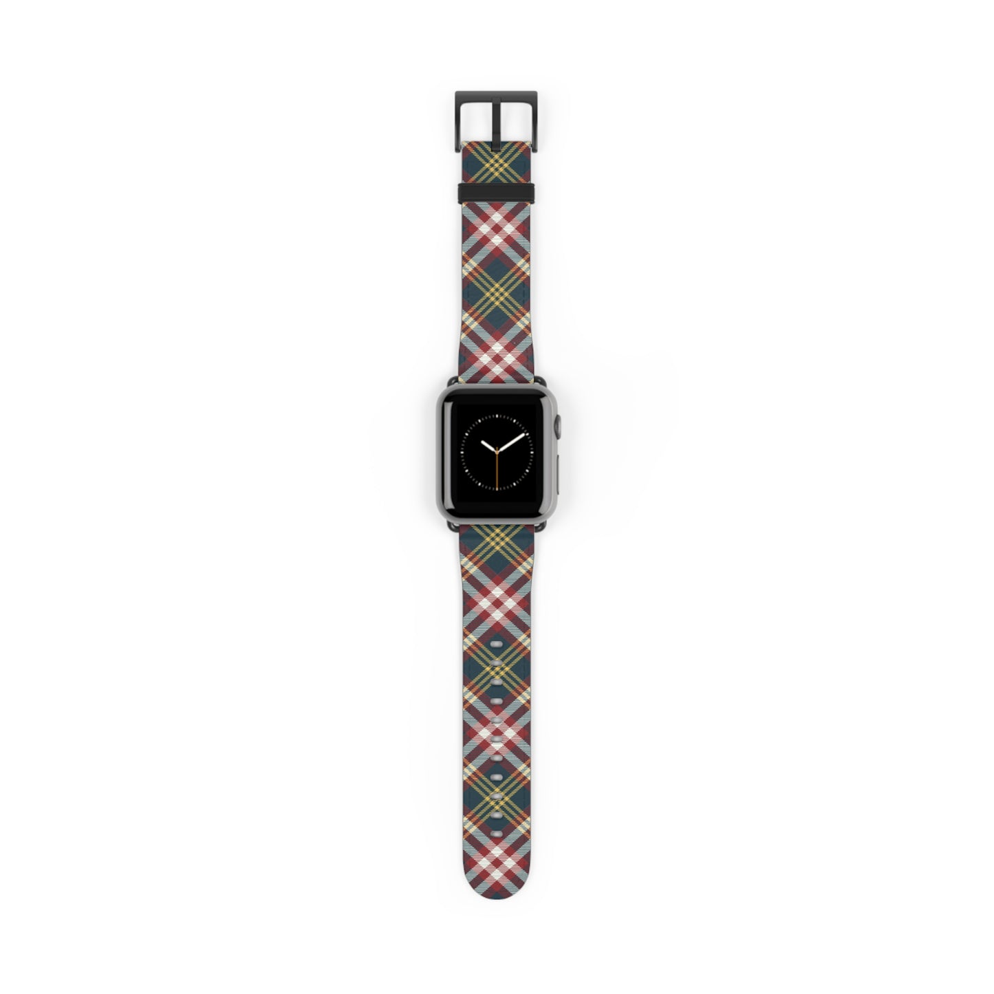 Plaid watch band in classic red and green tartan, cozy accessory for Apple Watch, stainless steel buckle, autumn style