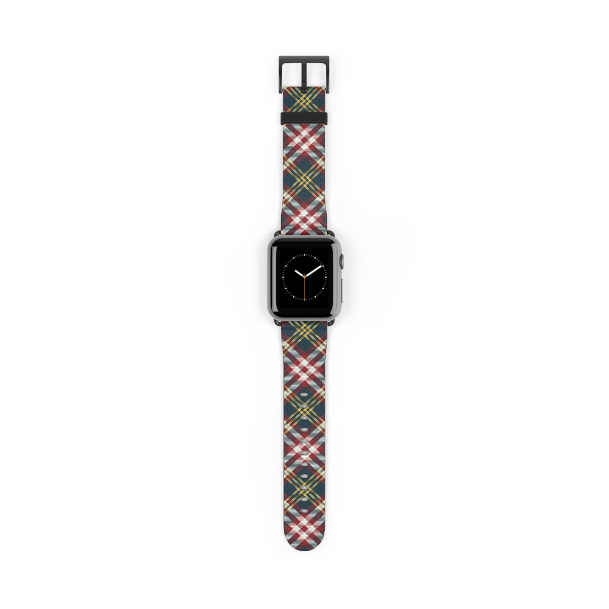 Plaid watch band in classic red and green tartan, cozy accessory for Apple Watch, stainless steel buckle, autumn style