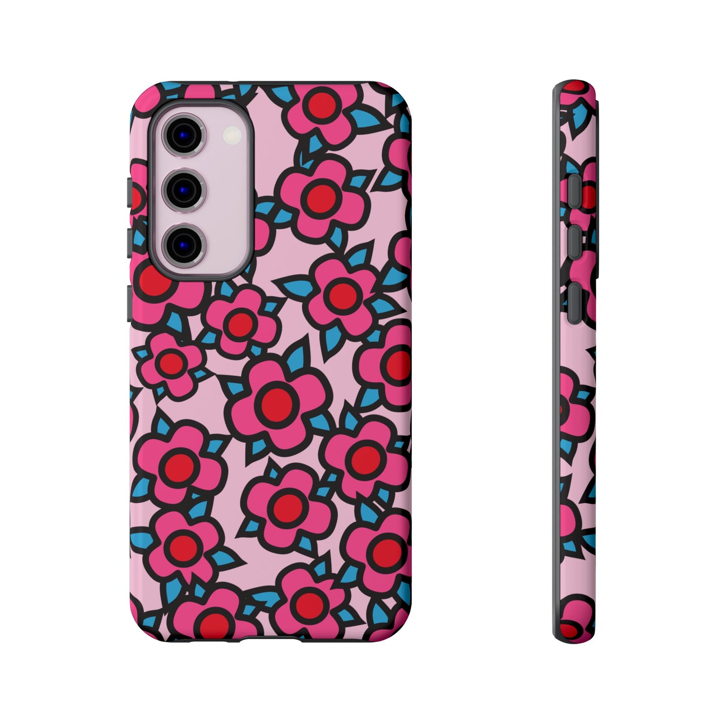 Floral Pink Tough Phone Case — Retro Red & Teal Flower Pattern