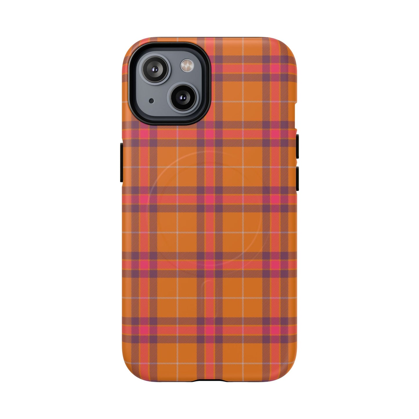 Tartan Magnetic Phone Case — Orange and Red Plaid Tough Protective MagSafe Case