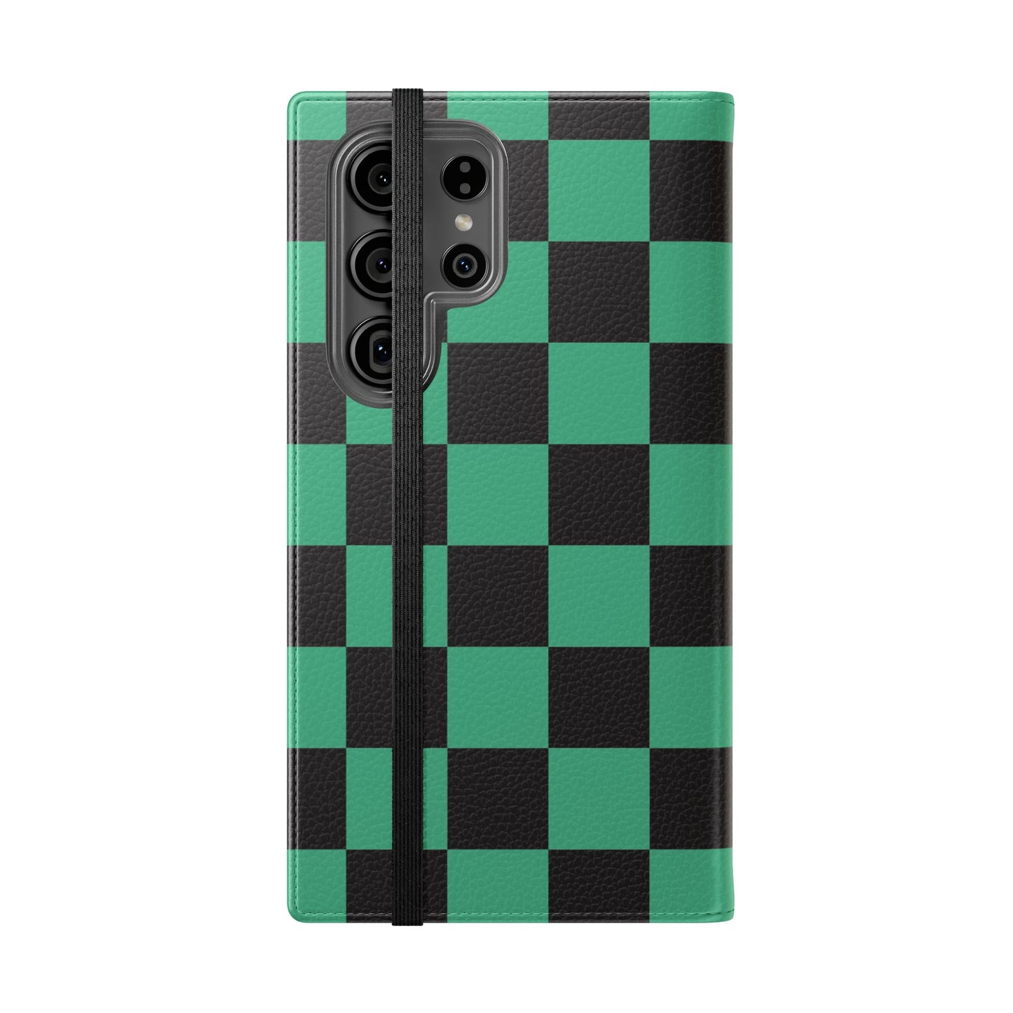Tanjiro Chequered Flip Phone Case — Black and Green Chequered Wallet Cover