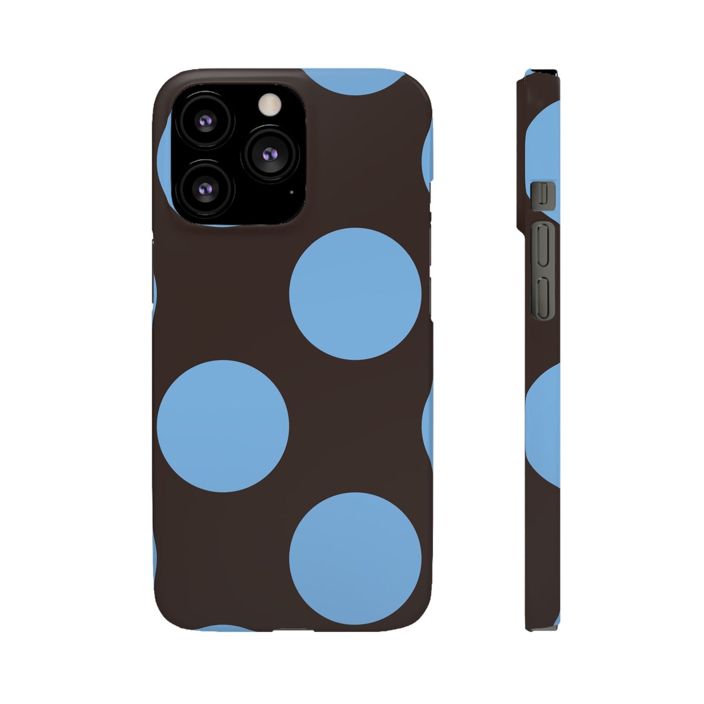 Matte Black with Large Sky Blue Polka Dots Slim Phone Case for Apple iPhone, Samsung Galaxy and Google Pixel.