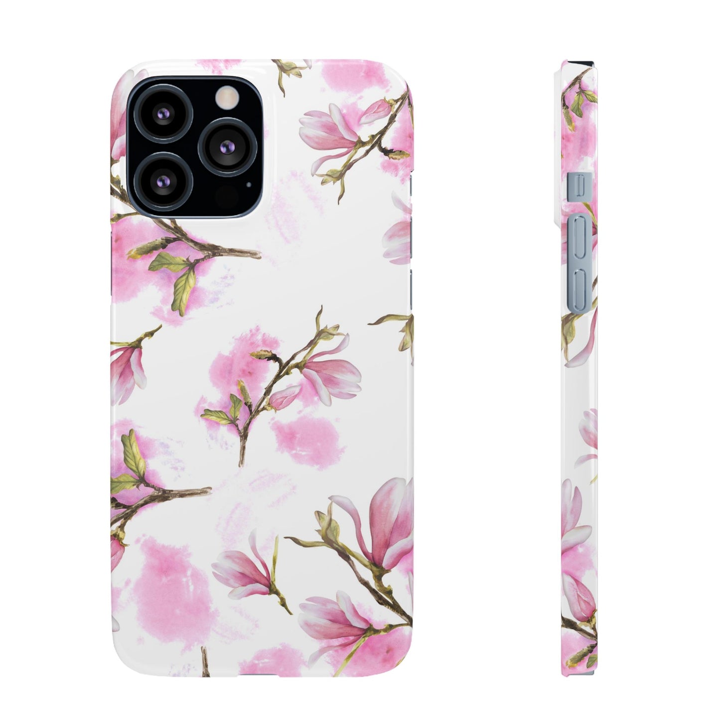 Floral Magnolia Slim Phone Case – Pink Watercolor Snap Case for Apple iPhone and Samsung Galaxy.