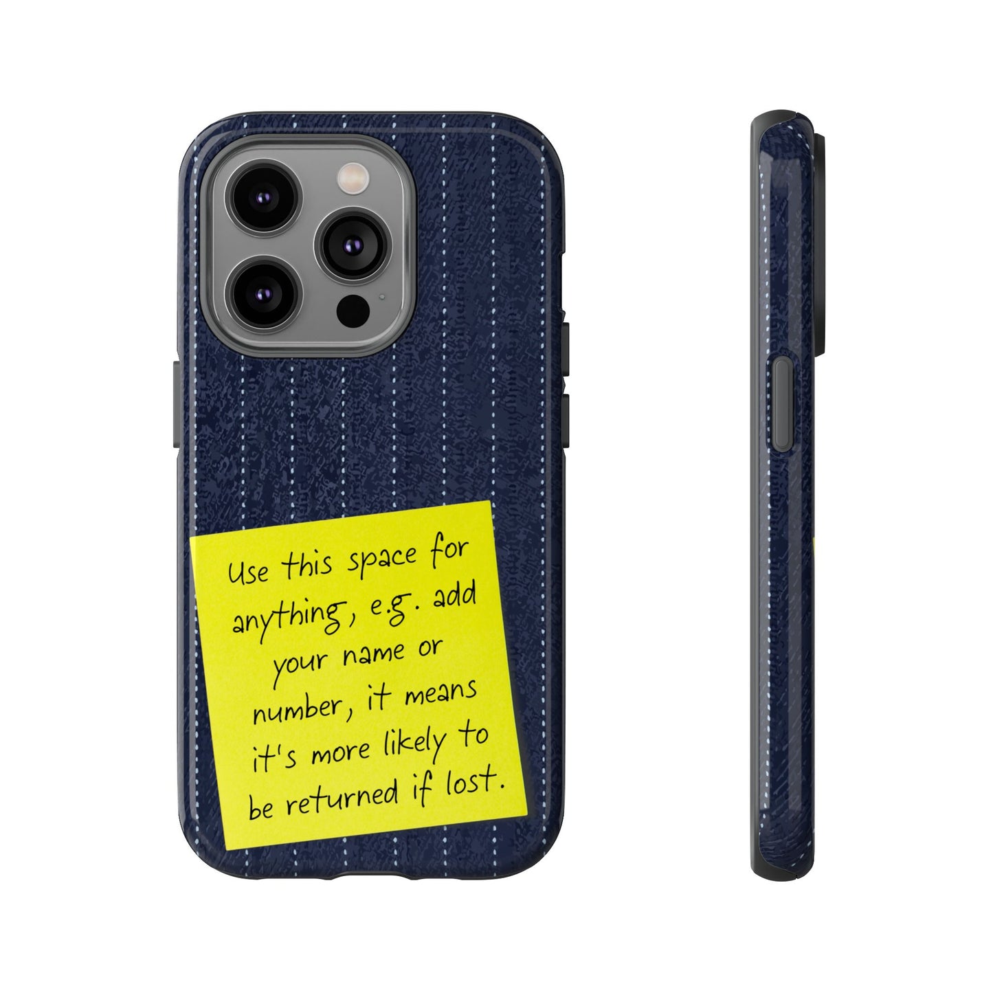 Navy Pinstripe Design with Yellow Sticky Note Personalised Tough Phone Case for Apple iPhone, Samsung Galaxy and Google Pixel.