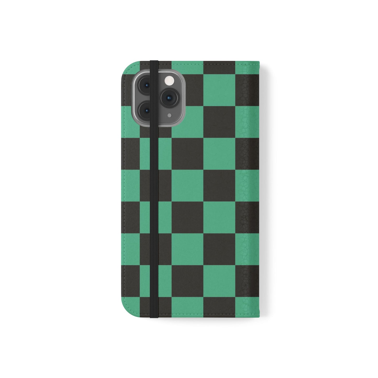 Tanjiro Chequered Flip Phone Case — Black and Green Chequered Wallet Cover