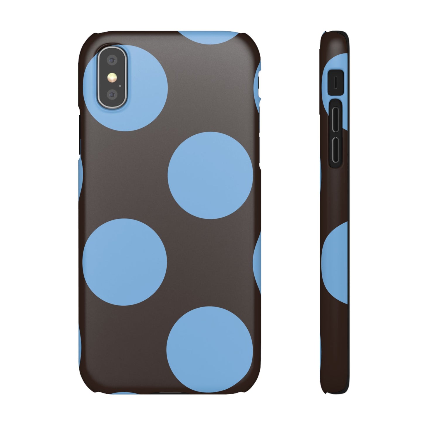 Matte Black with Large Sky Blue Polka Dots Slim Phone Case for Apple iPhone, Samsung Galaxy and Google Pixel.
