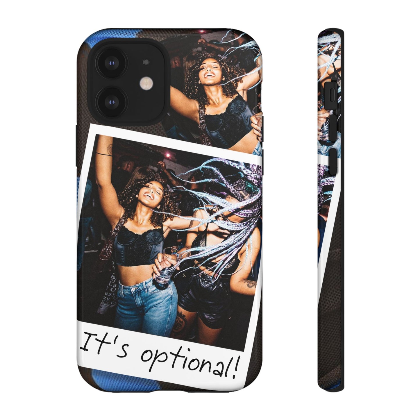 Two Image Personalised Polaroid Photo on Blue Polka Dot Protective Tough Case for Apple iPhone, Samsung Galaxy and Google Pixel.