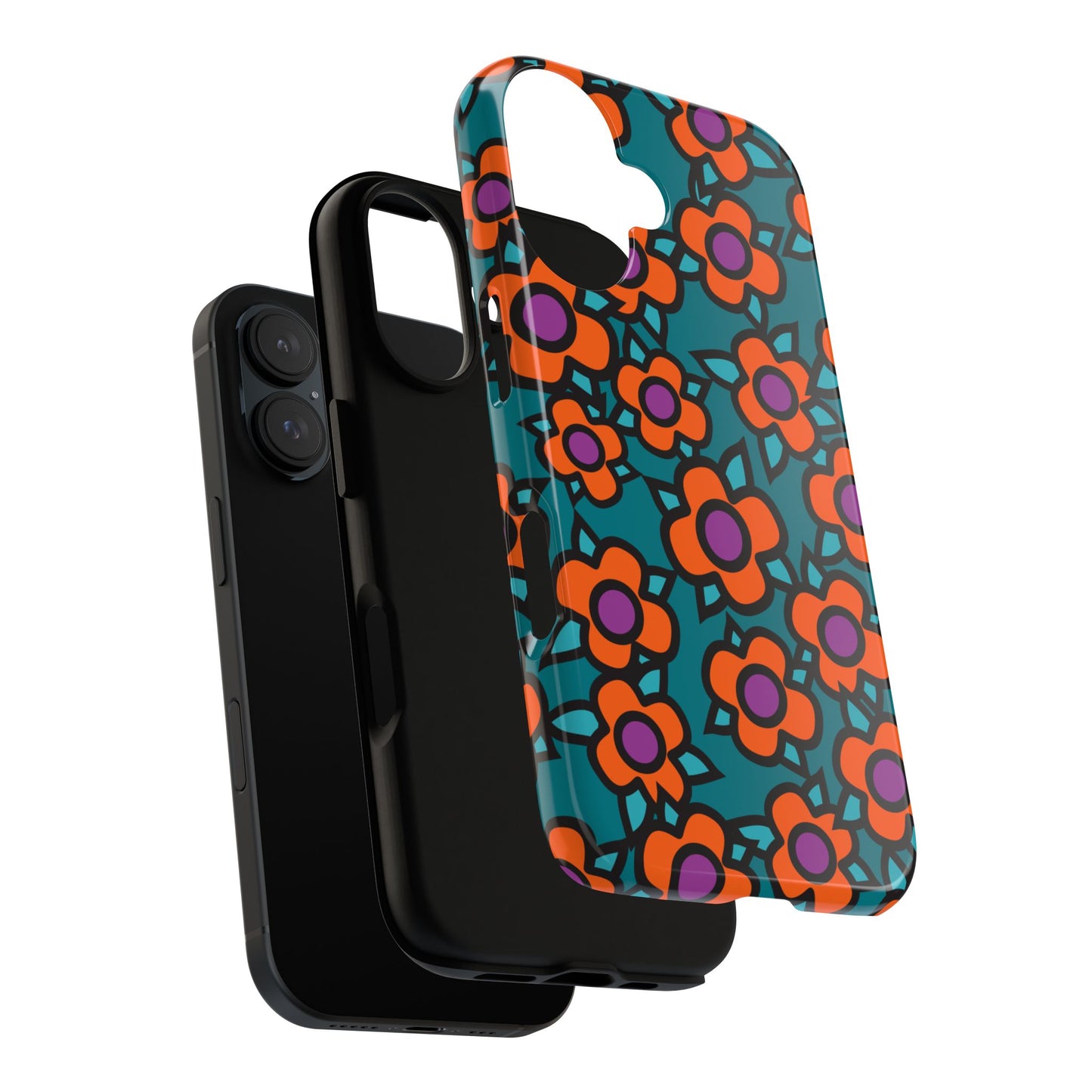 Floral Pop Tough Phone Case — Retro Orange & Teal Flower Pattern