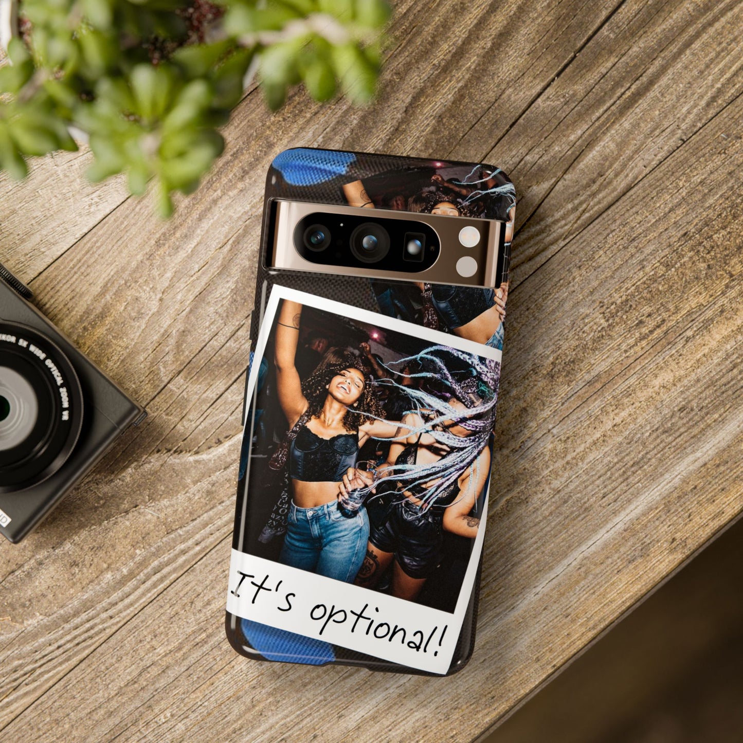 Two Image Personalised Polaroid Photo on Blue Polka Dot Protective Tough Case for Apple iPhone, Samsung Galaxy and Google Pixel.