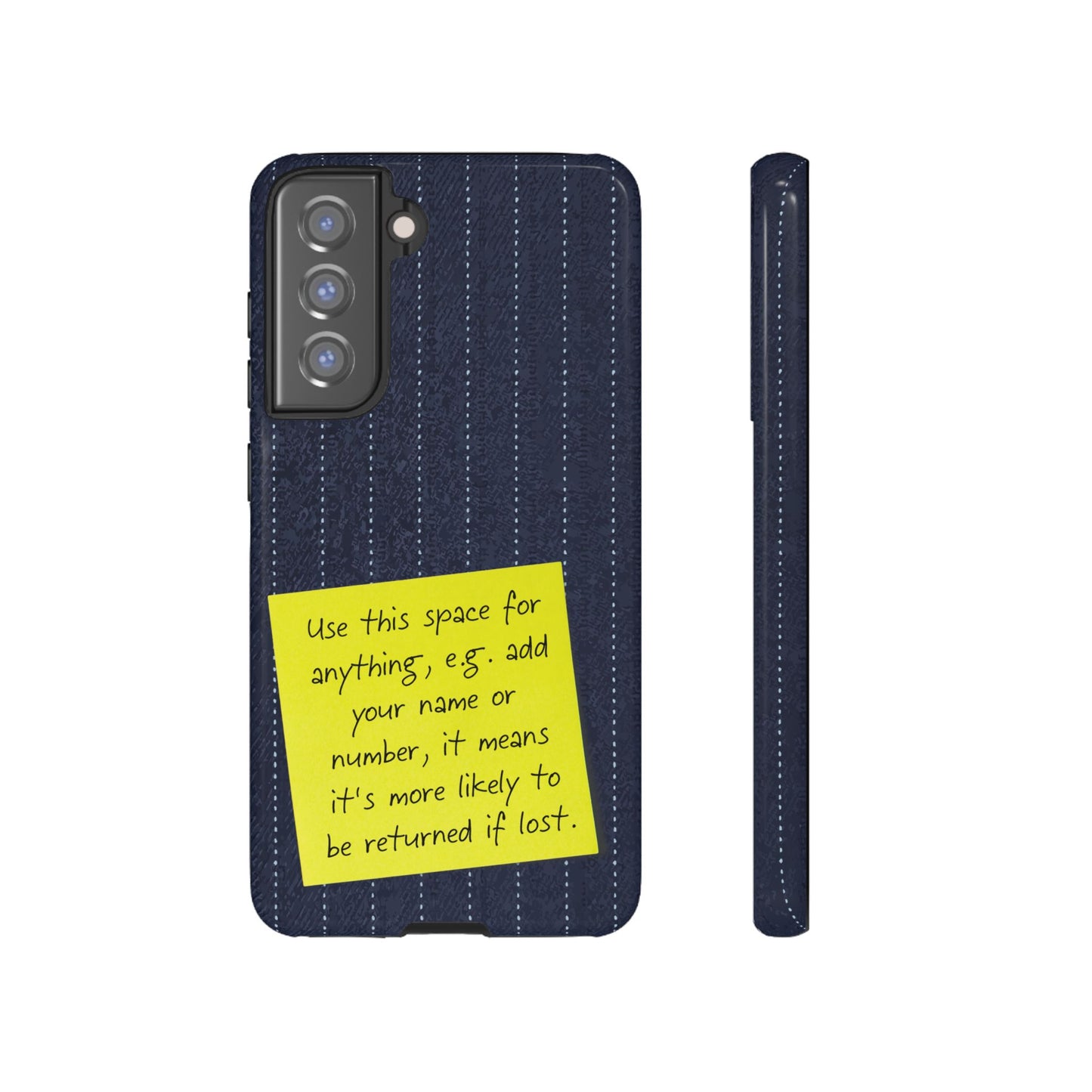 Navy Pinstripe Design with Yellow Sticky Note Personalised Tough Phone Case for Apple iPhone, Samsung Galaxy and Google Pixel.