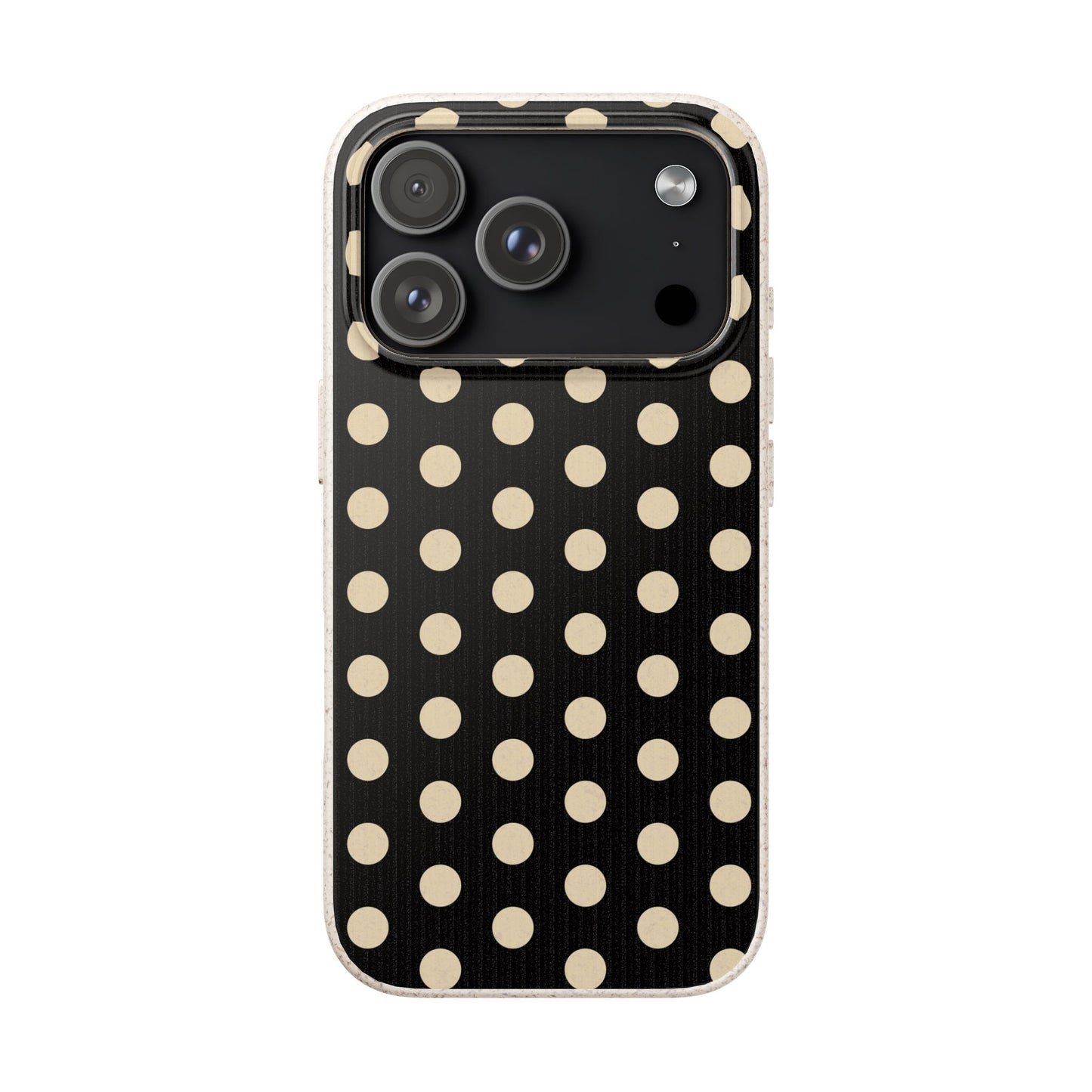 Eco-Friendly Black & Cream Polka Dot Pattern Biodegradable Phone Case for Apple iPhone and Samsung Galaxy.