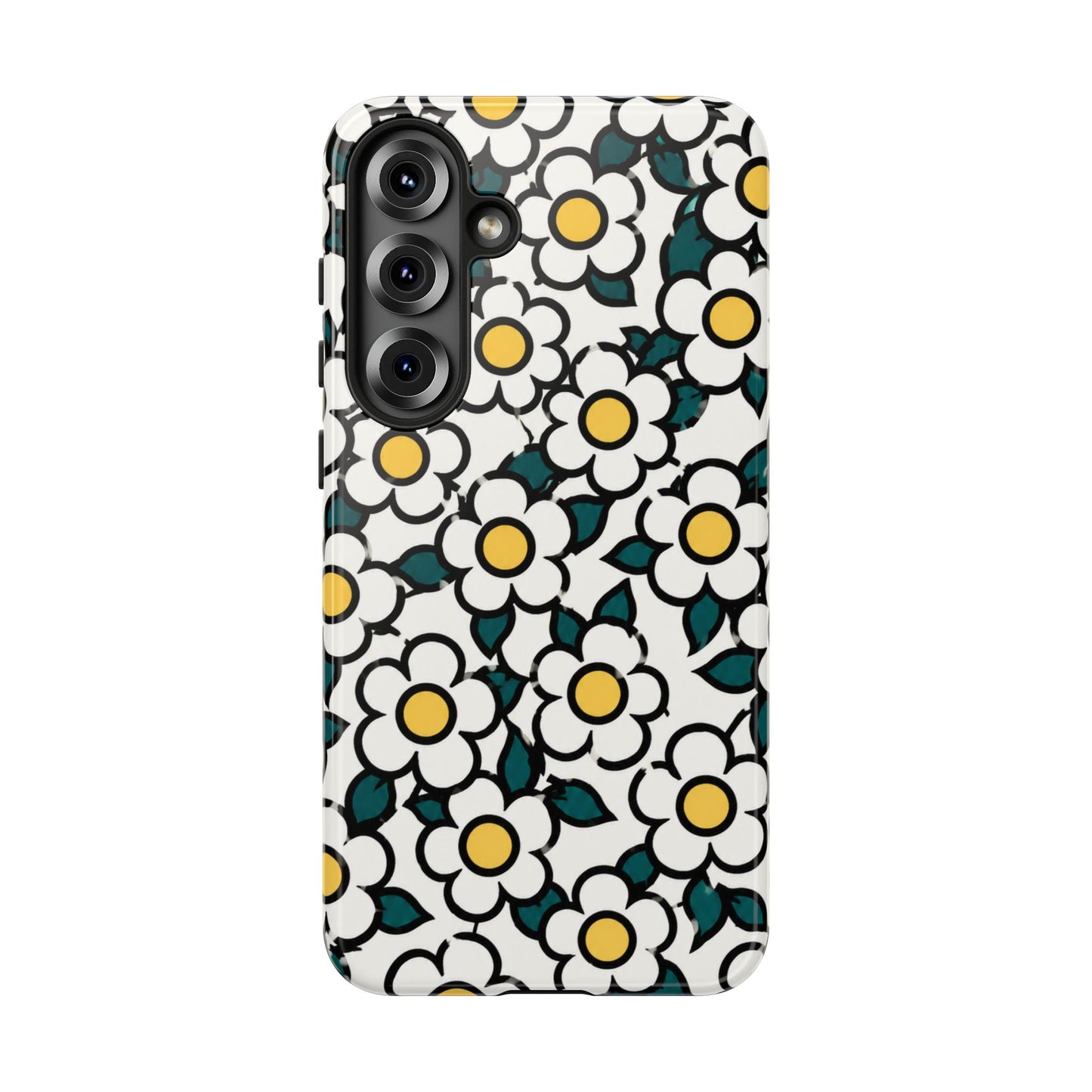 Floral Daisy Tough Phone Case — Retro White & Yellow Protective Cover