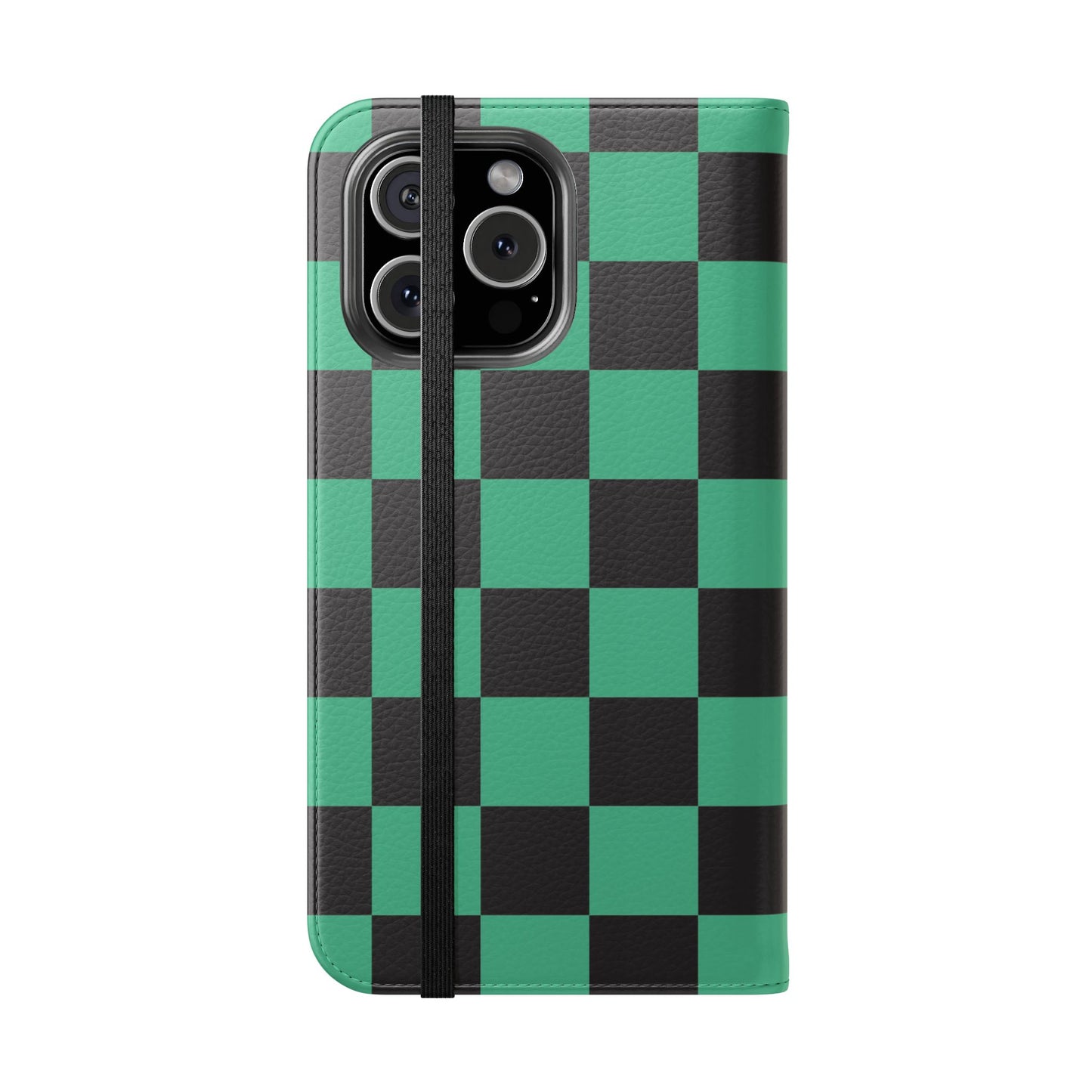 Tanjiro Chequered Flip Phone Case — Black and Green Chequered Wallet Cover