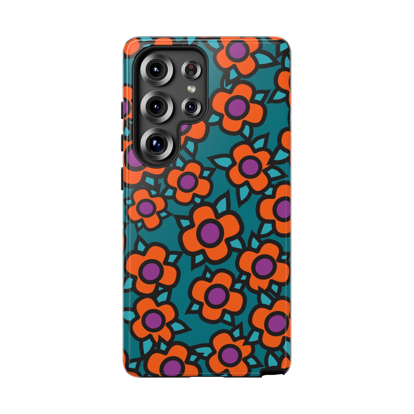Floral Pop Tough Phone Case — Retro Orange & Teal Flower Pattern