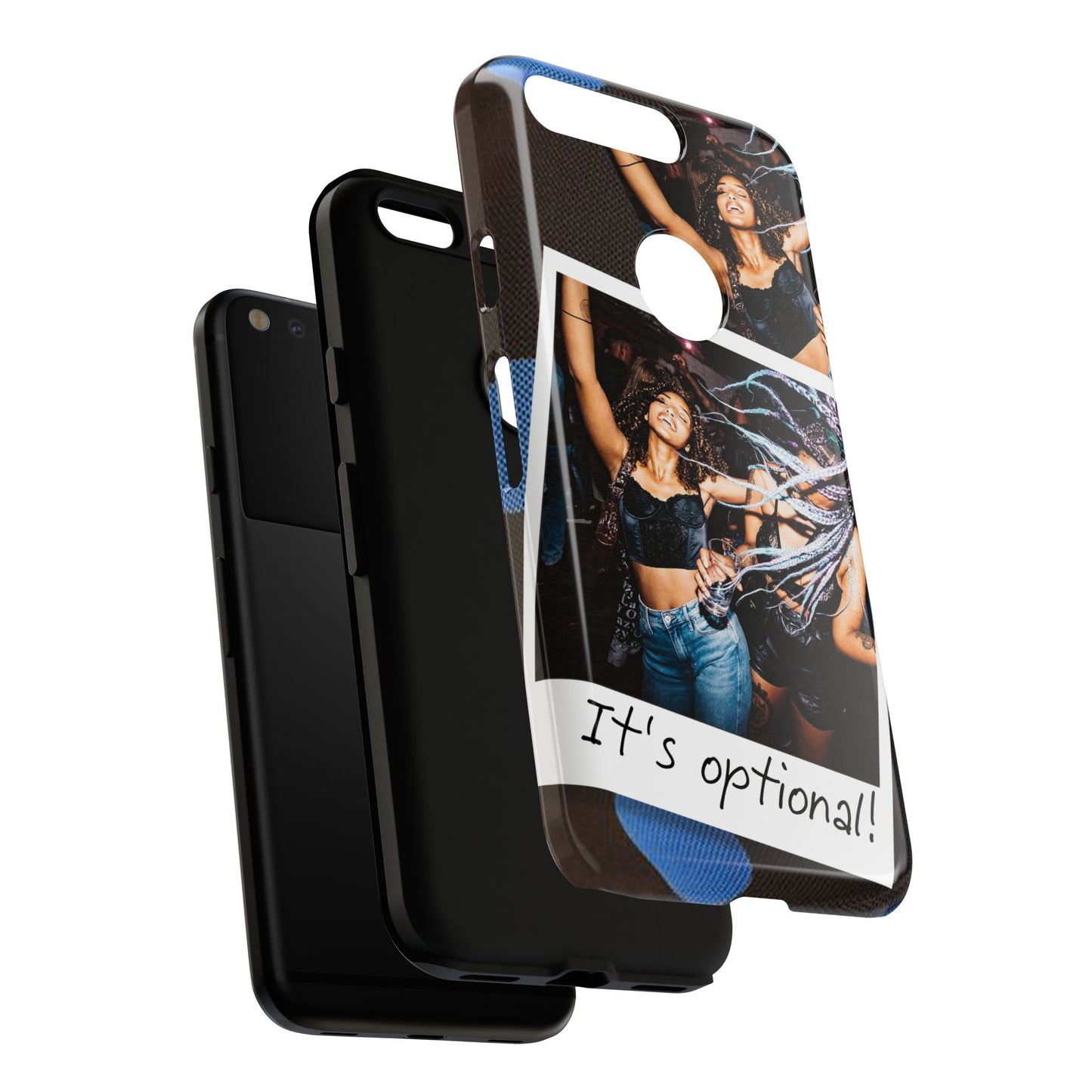 Two Image Personalised Polaroid Photo on Blue Polka Dot Protective Tough Case for Apple iPhone, Samsung Galaxy and Google Pixel.