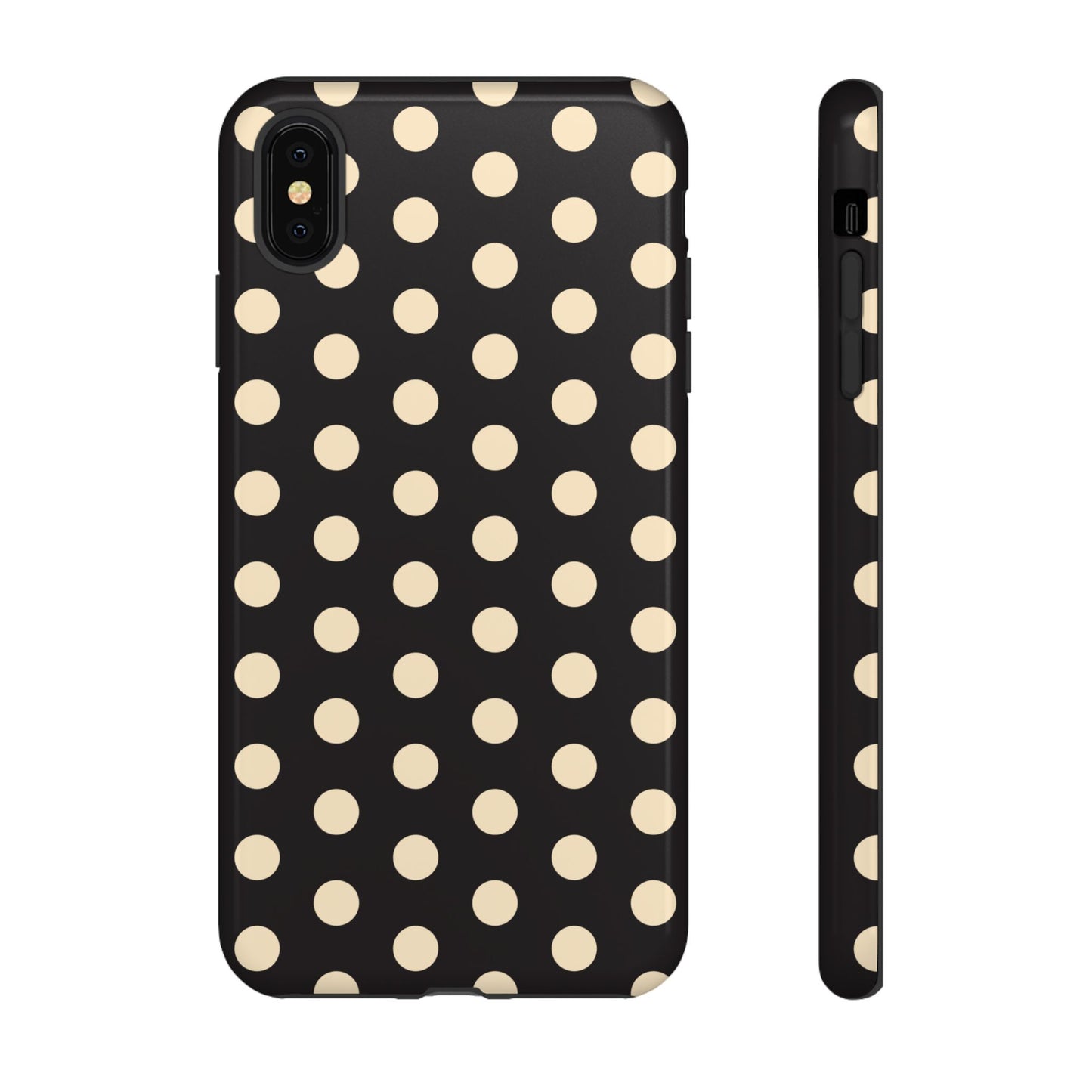 Polka Dot Tough Phone Case — Black with Cream Dots, Protective Slim Phone Cover