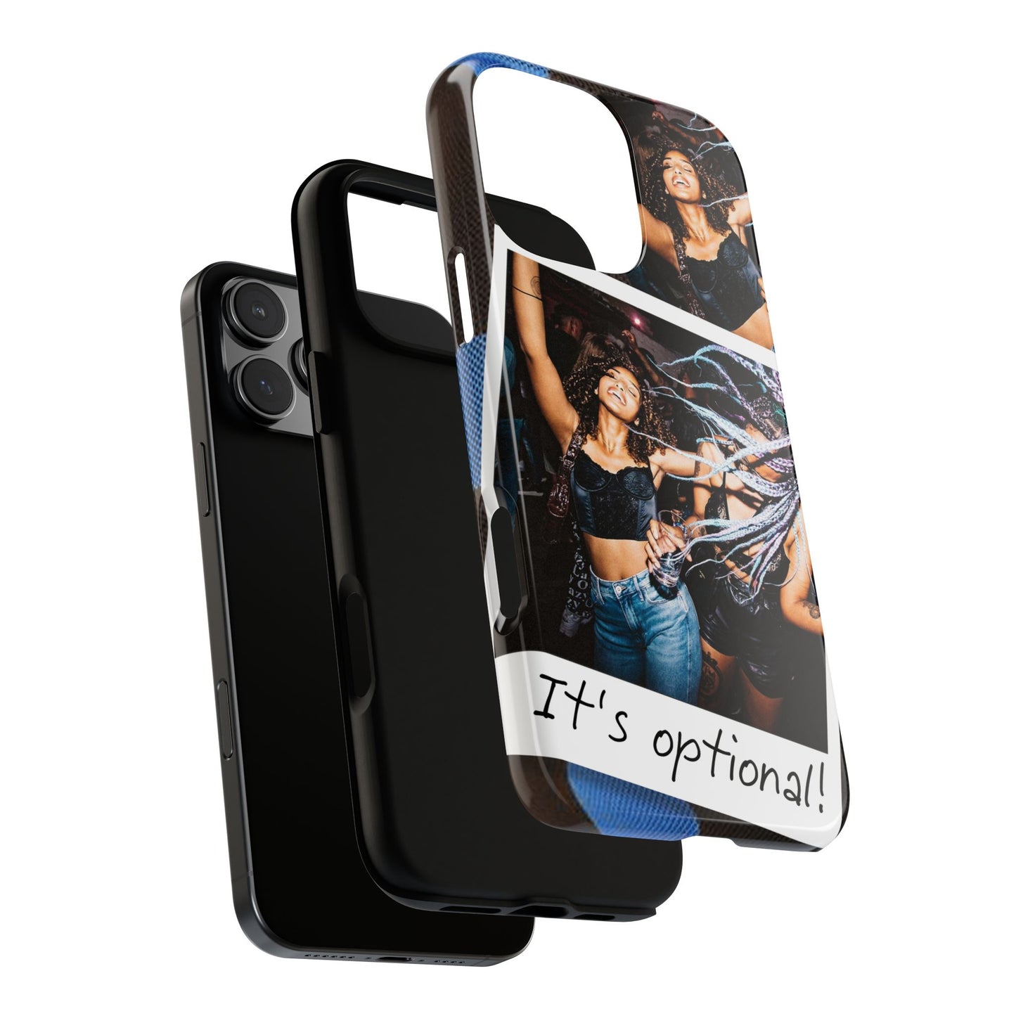 Two Image Personalised Polaroid Photo on Blue Polka Dot Protective Tough Case for Apple iPhone, Samsung Galaxy and Google Pixel.