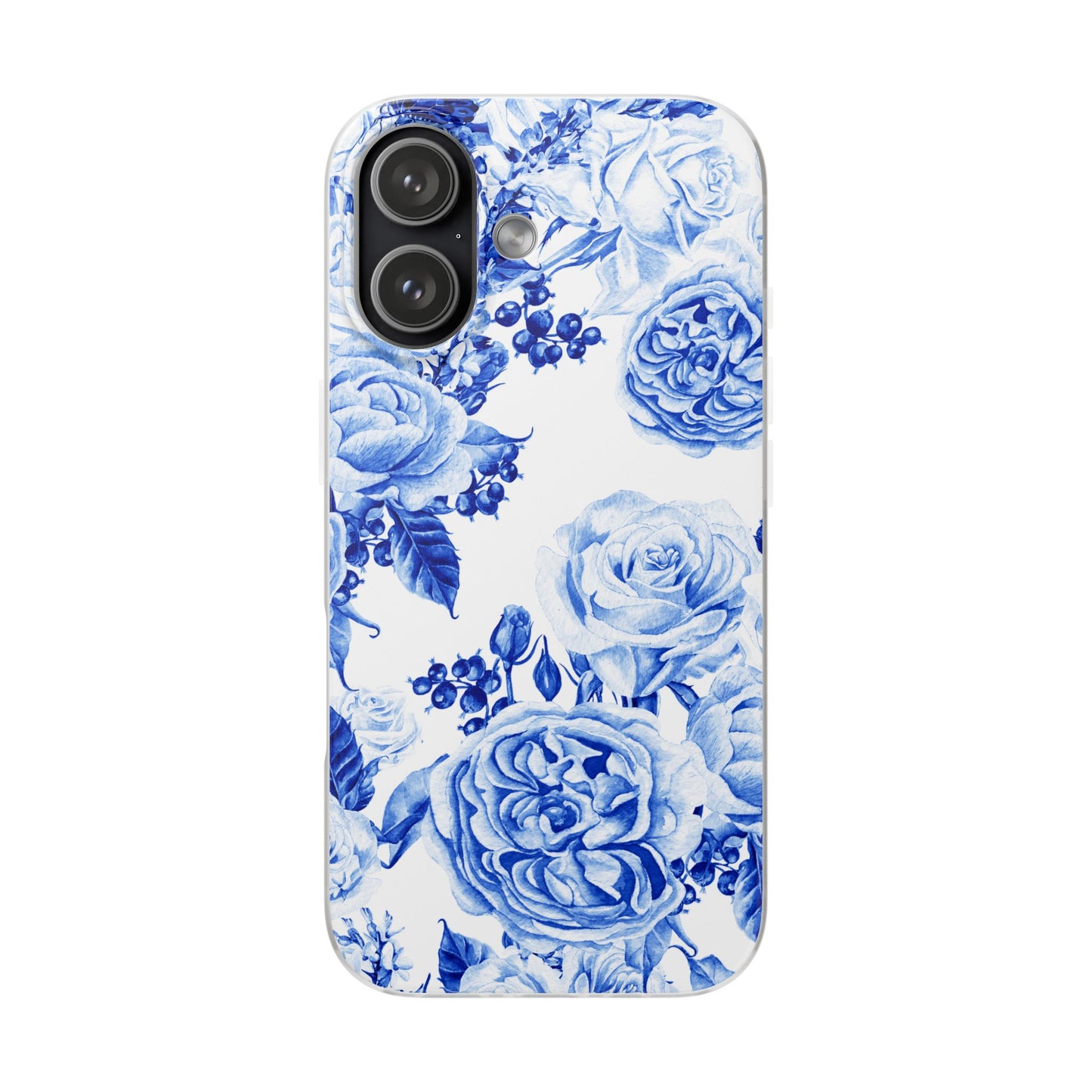 Blue Floral Phone Case — Hand-Painted Rose Pattern Flexi Case for Apple iPhone, Samsung Galaxy and Google Pixel.