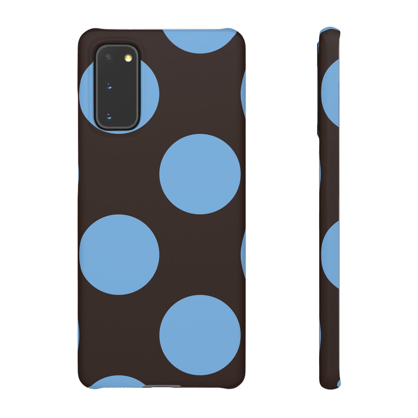 Matte Black with Large Sky Blue Polka Dots Slim Phone Case for Apple iPhone, Samsung Galaxy and Google Pixel.