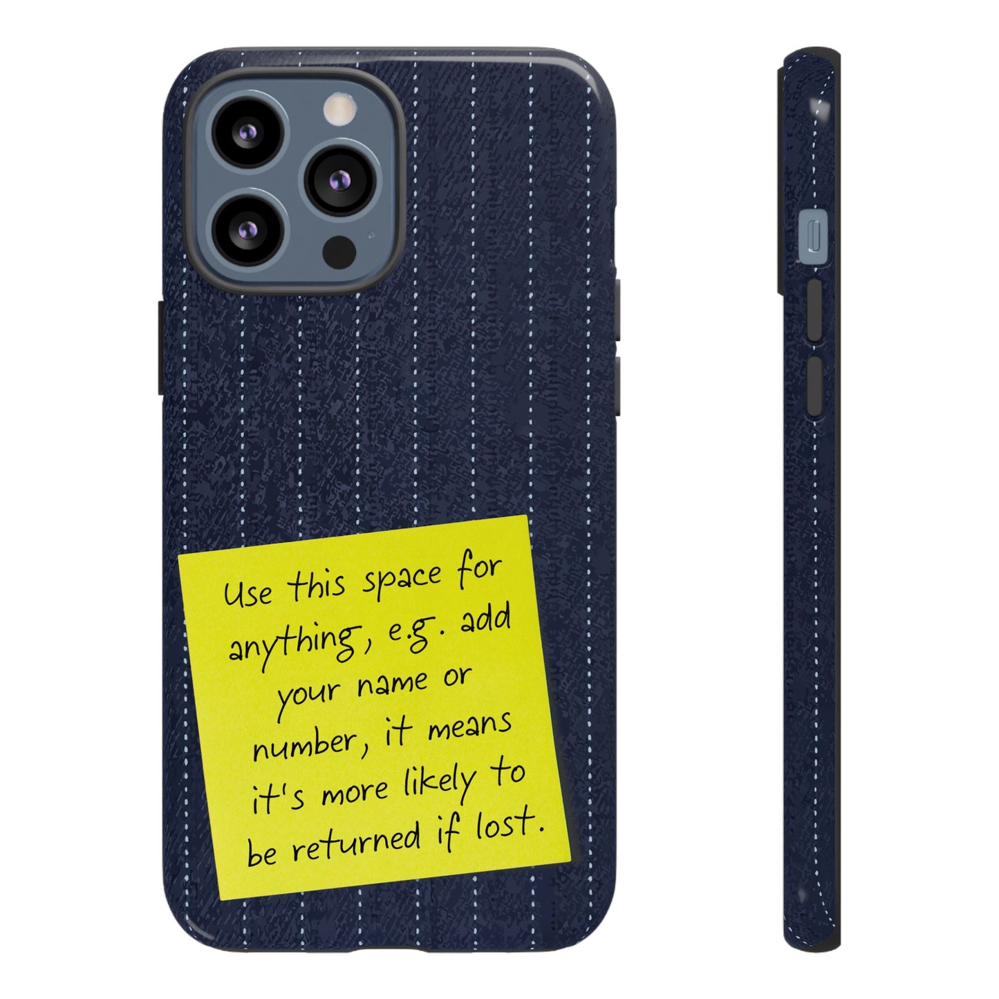 Navy Pinstripe Design with Yellow Sticky Note Personalised Tough Phone Case for Apple iPhone, Samsung Galaxy and Google Pixel.