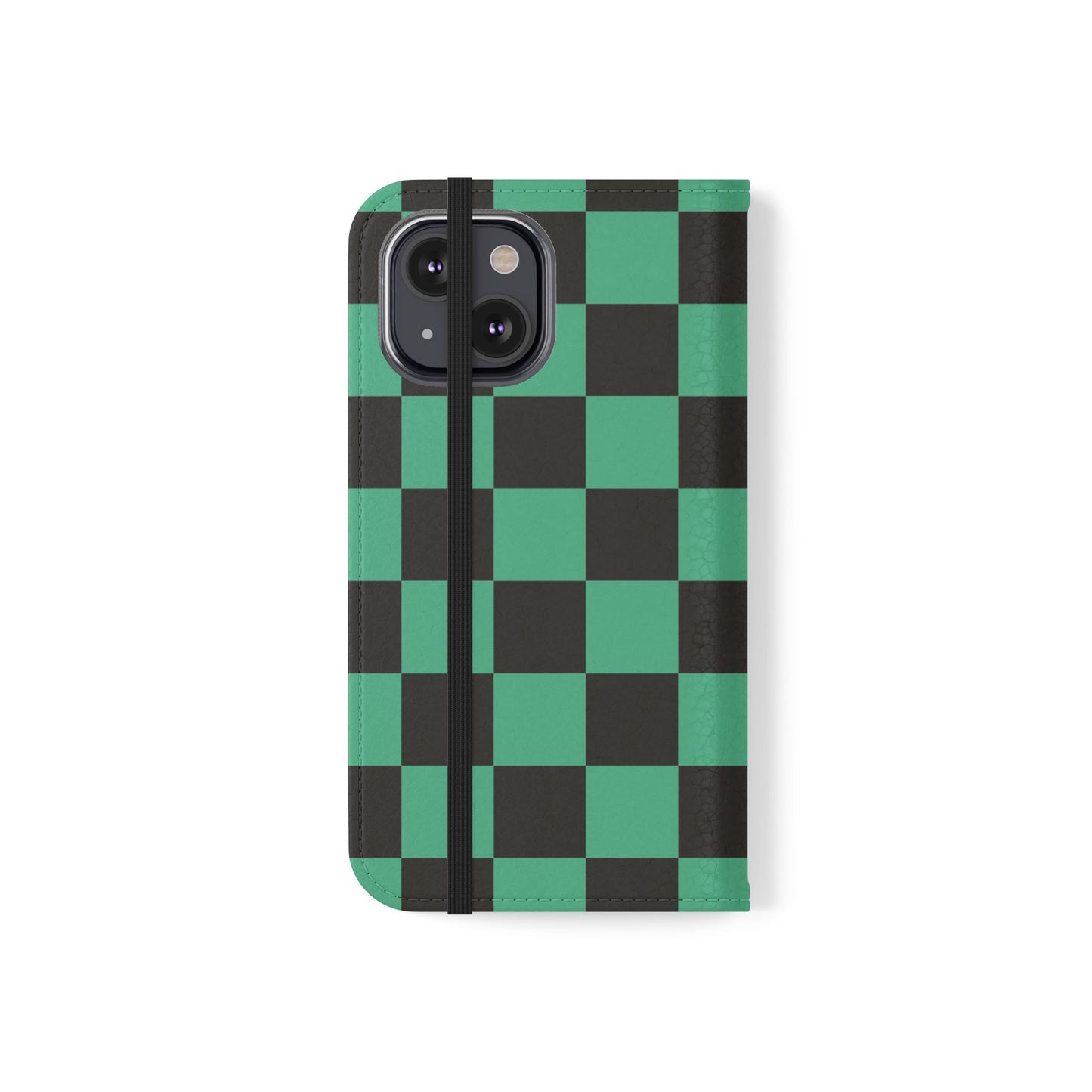 Tanjiro Chequered Flip Phone Case — Black and Green Chequered Wallet Cover