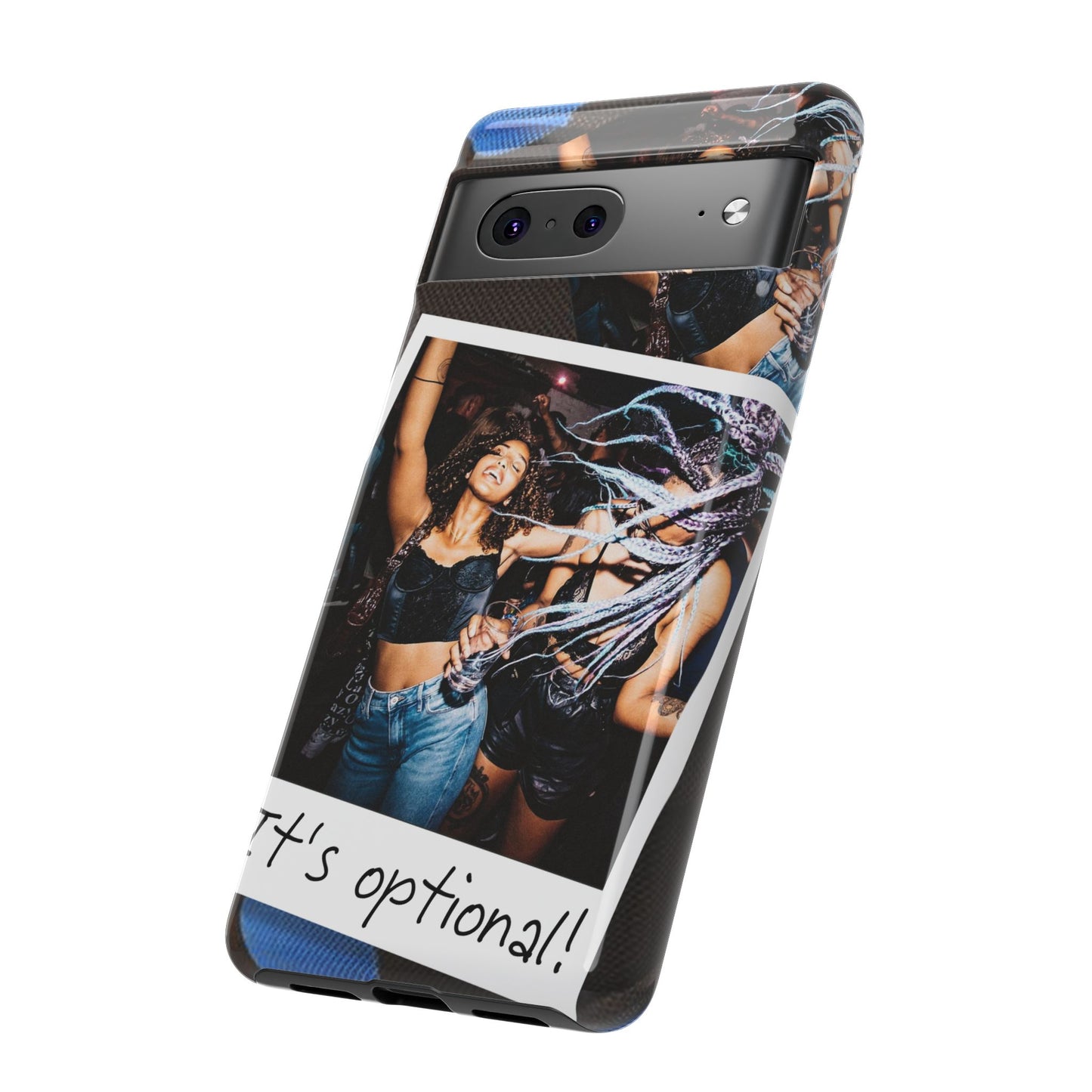 Two Image Personalised Polaroid Photo on Blue Polka Dot Protective Tough Case for Apple iPhone, Samsung Galaxy and Google Pixel.