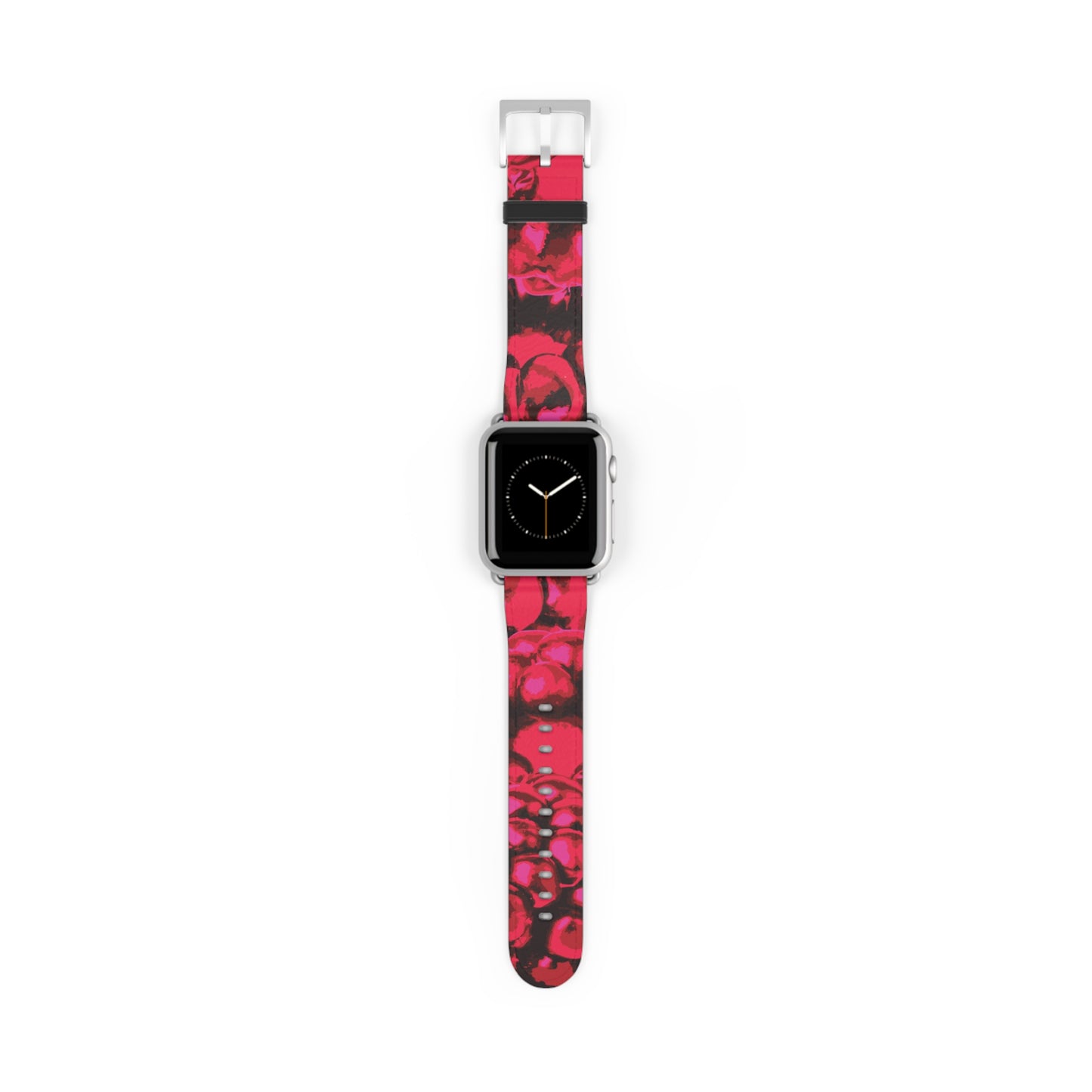 Apple Watch band in pink blackberries pattern, stylish faux-leather accessory, perfect gift for her, stainless steel buckle