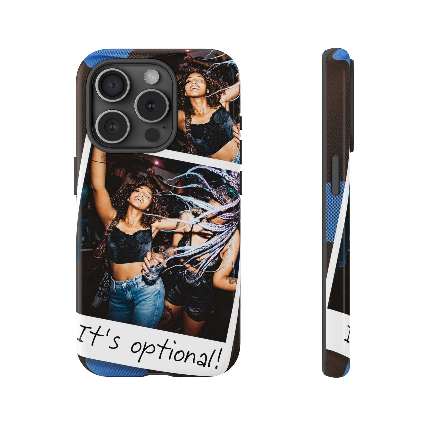 Two Image Personalised Polaroid Photo on Blue Polka Dot Protective Tough Case for Apple iPhone, Samsung Galaxy and Google Pixel.